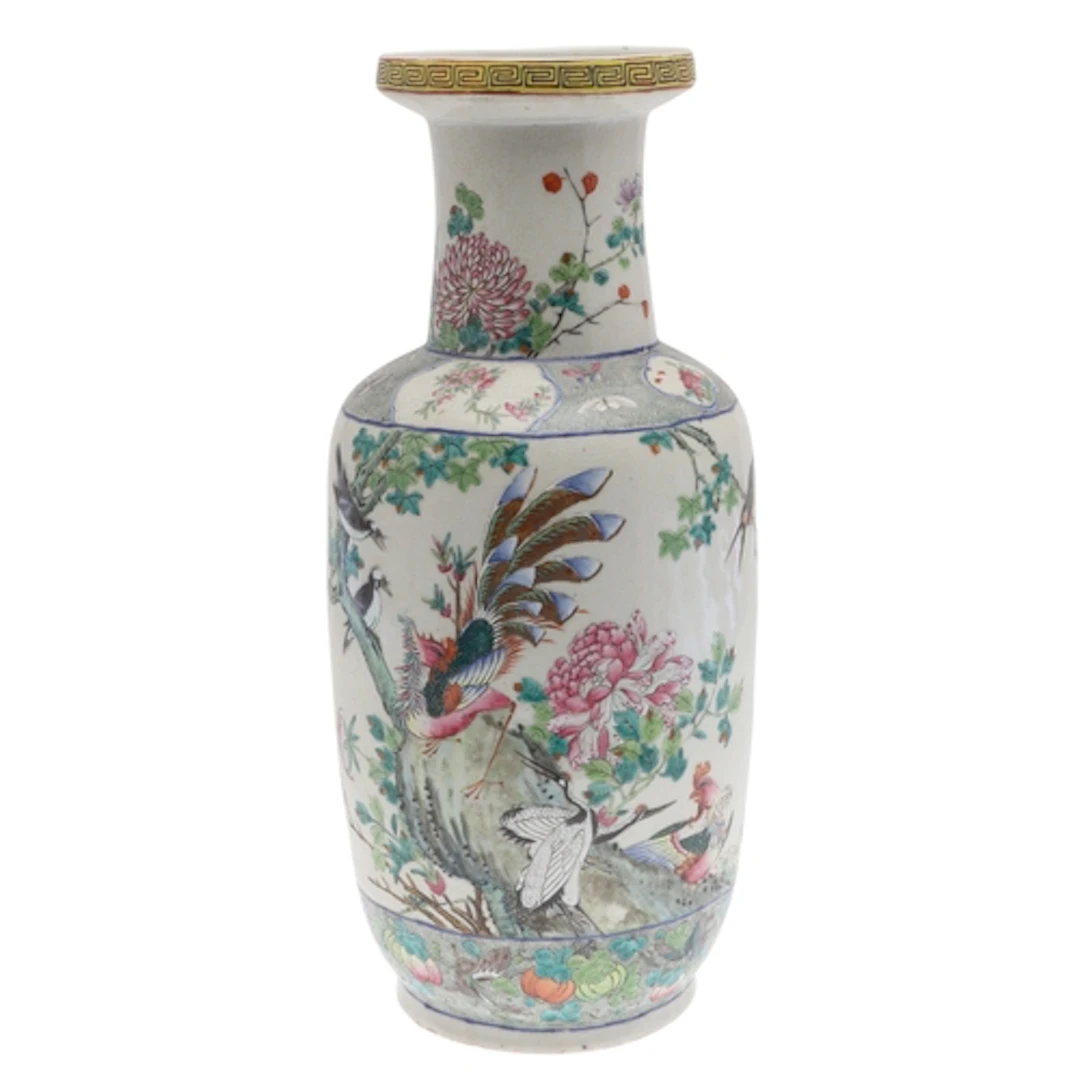 CHINESE ROULEAU FAMILLE ROSE VASE. Possibly late 19thc or ea...