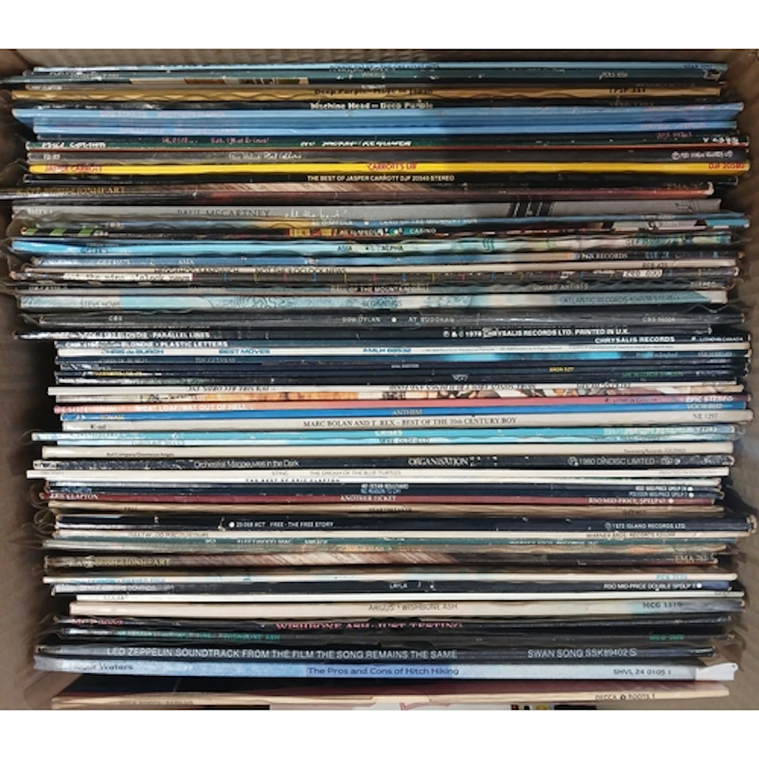 A box of approx. 60 LPs, rock and pop circa 1970s/1980s.