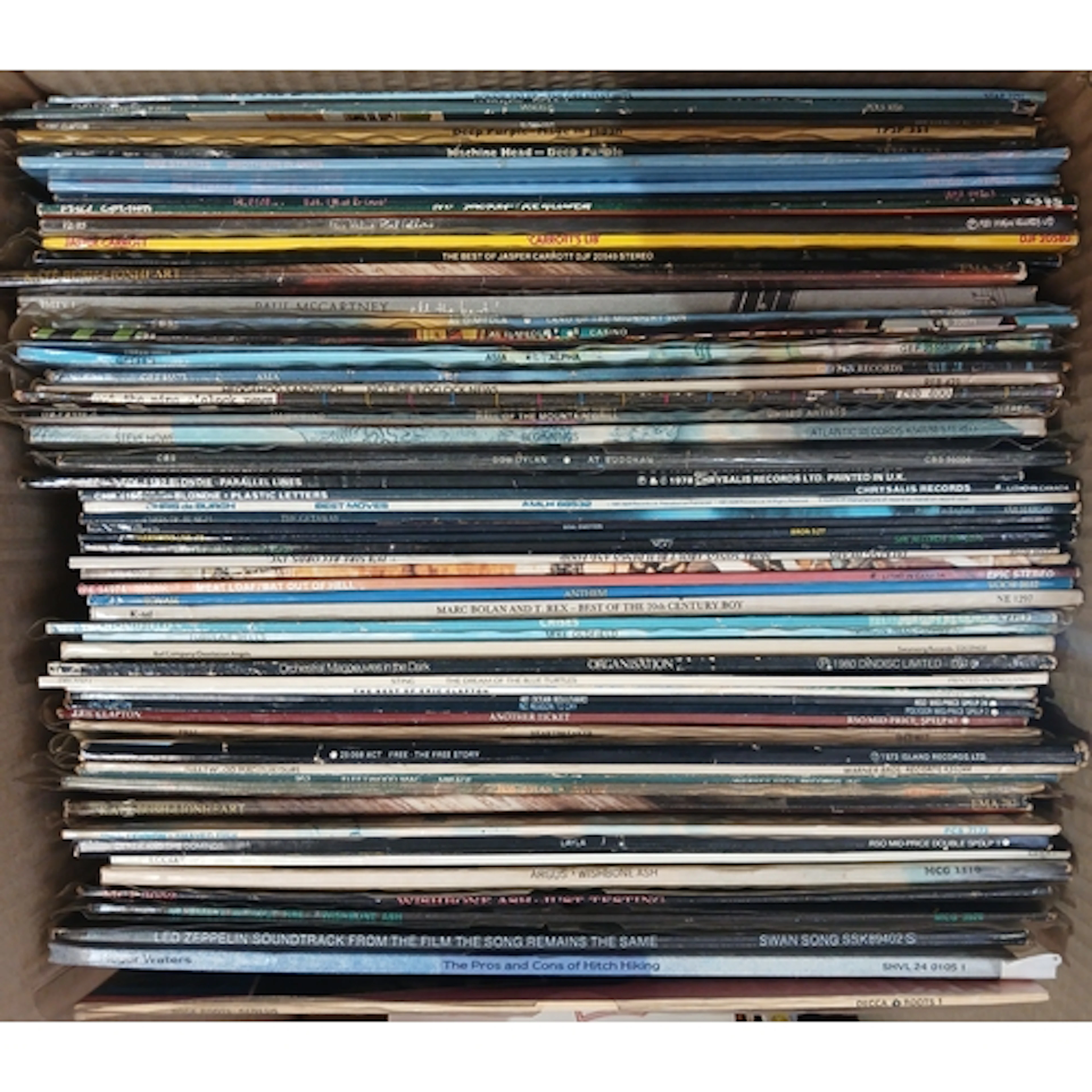 A box of approx. 60 LPs, rock and pop circa 1970s/1980s.
