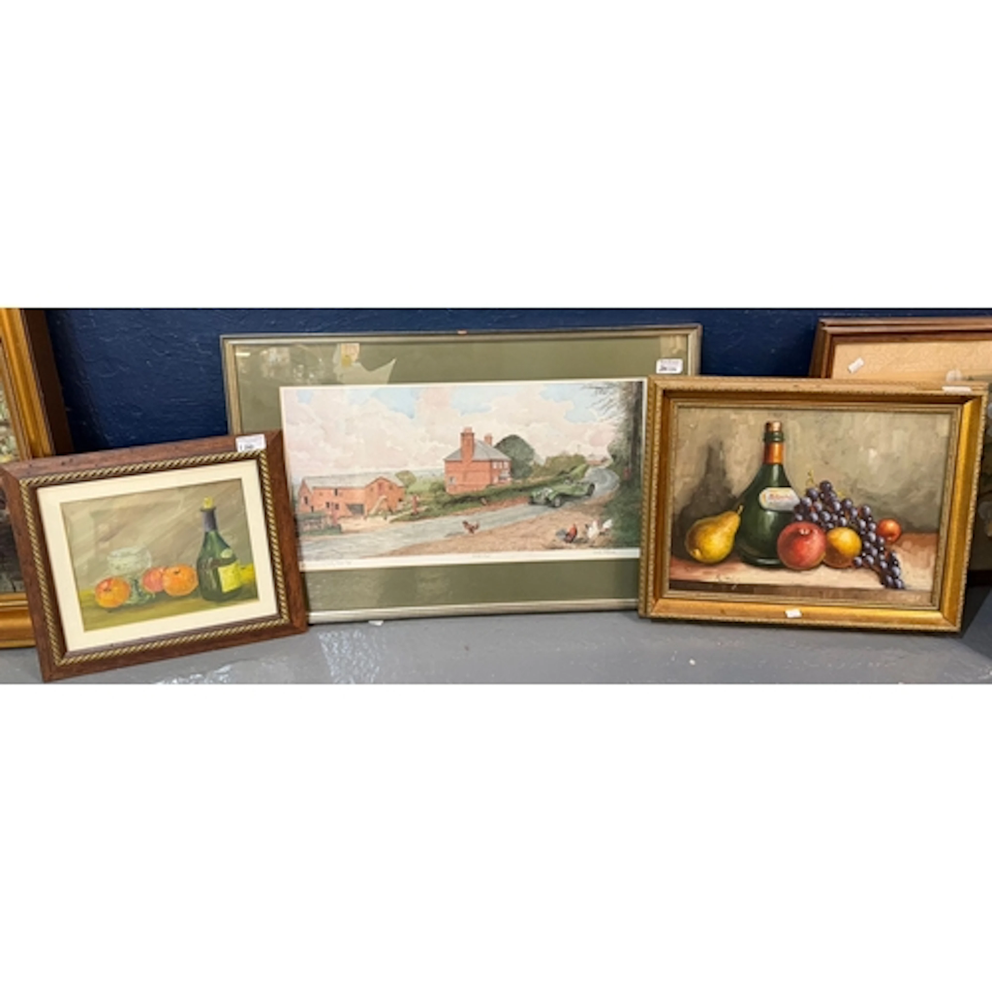 R Haig, still life life study bottle and fruit, signed. Oils...