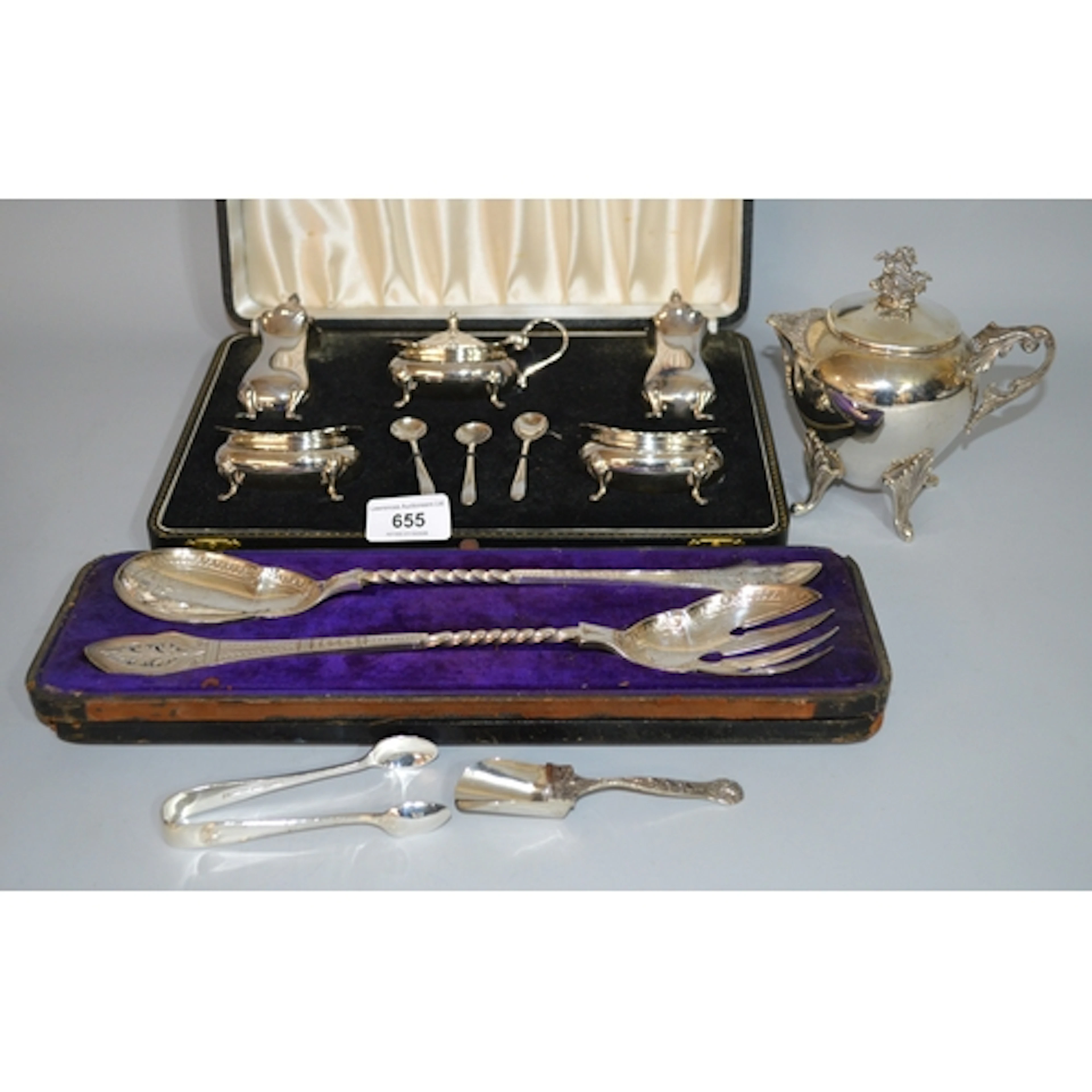 Cased silver plated condiment set, cased pair of plated sala...