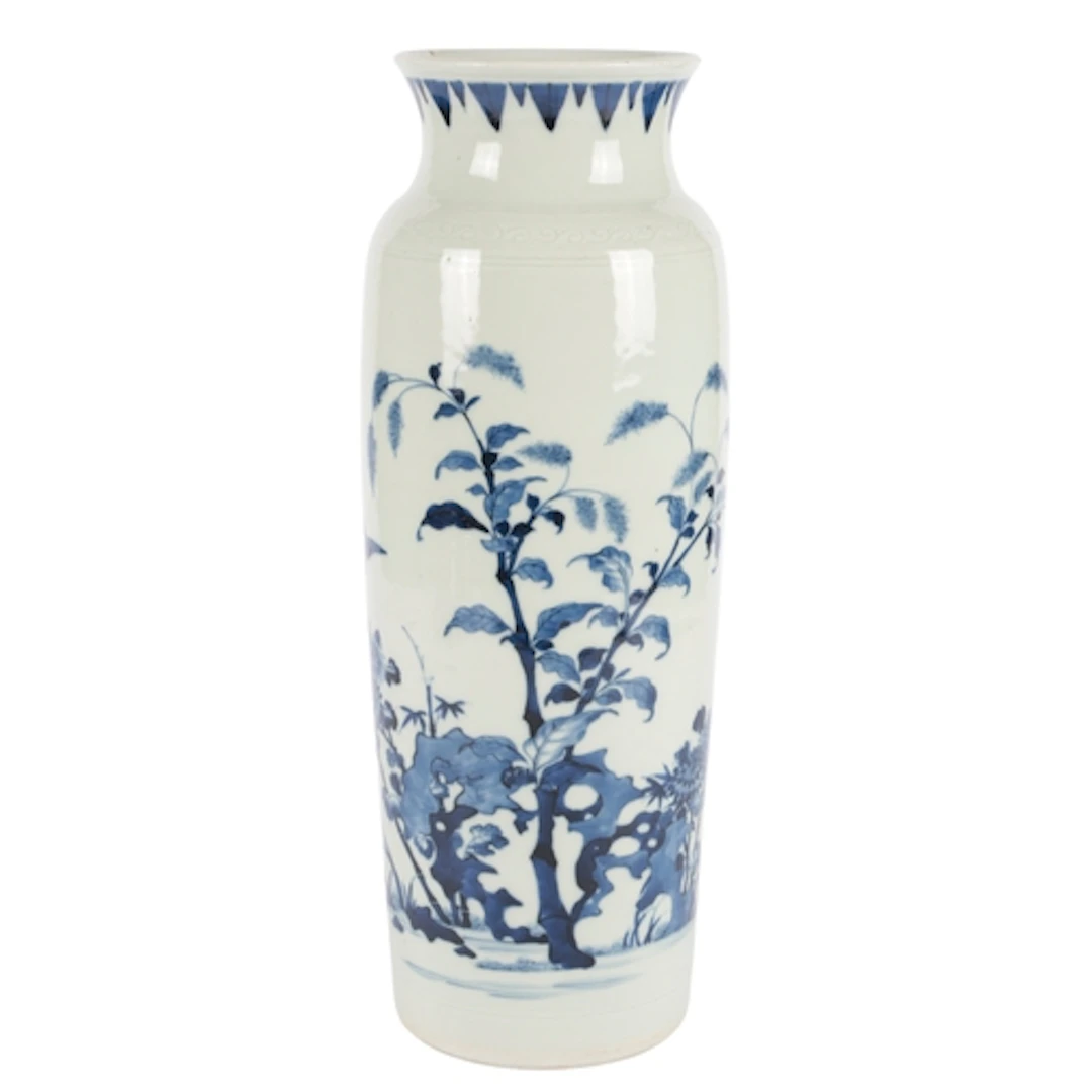 A Chinese blue and white sleeve vase, painted with swallows ...