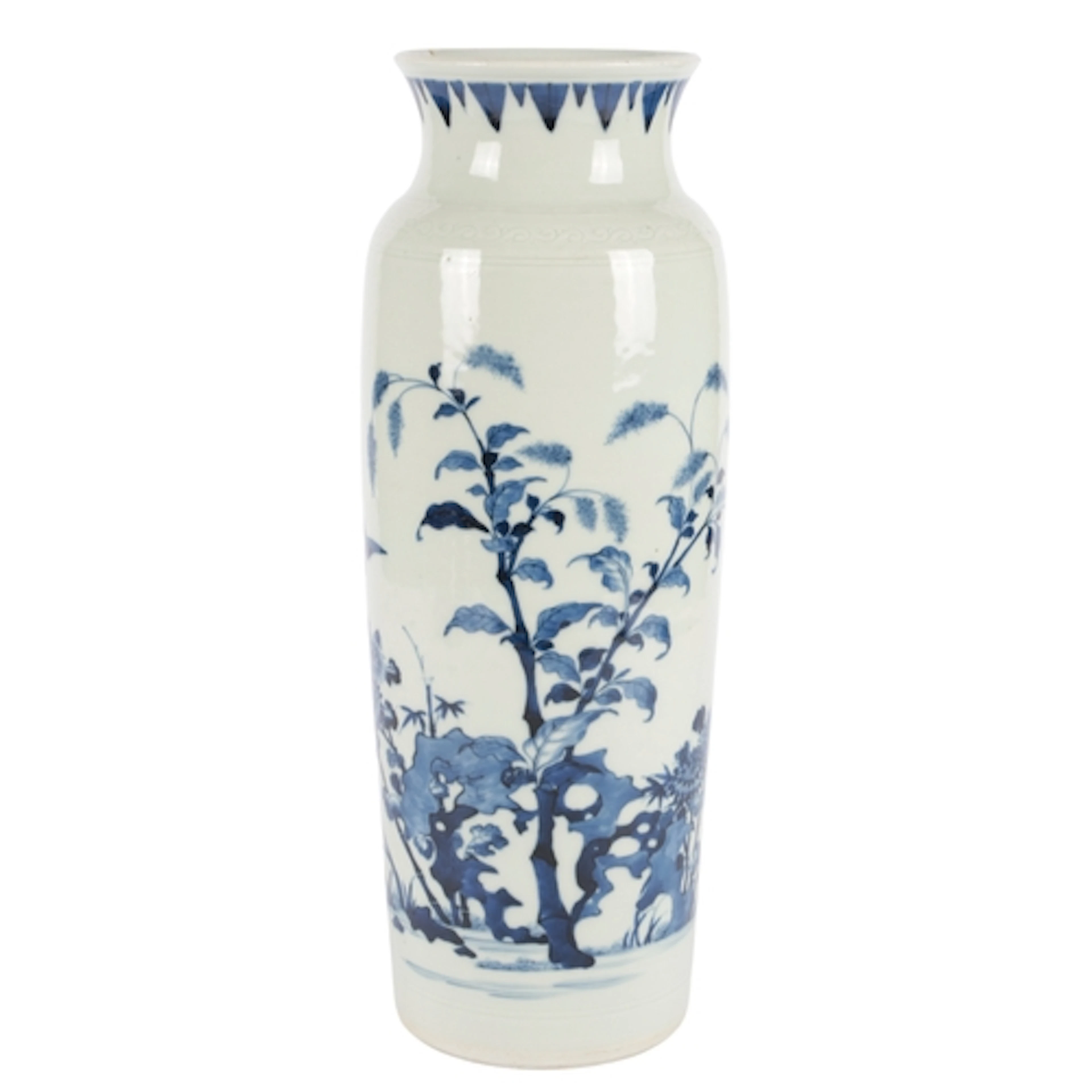 A Chinese blue and white sleeve vase, painted with swallows ...