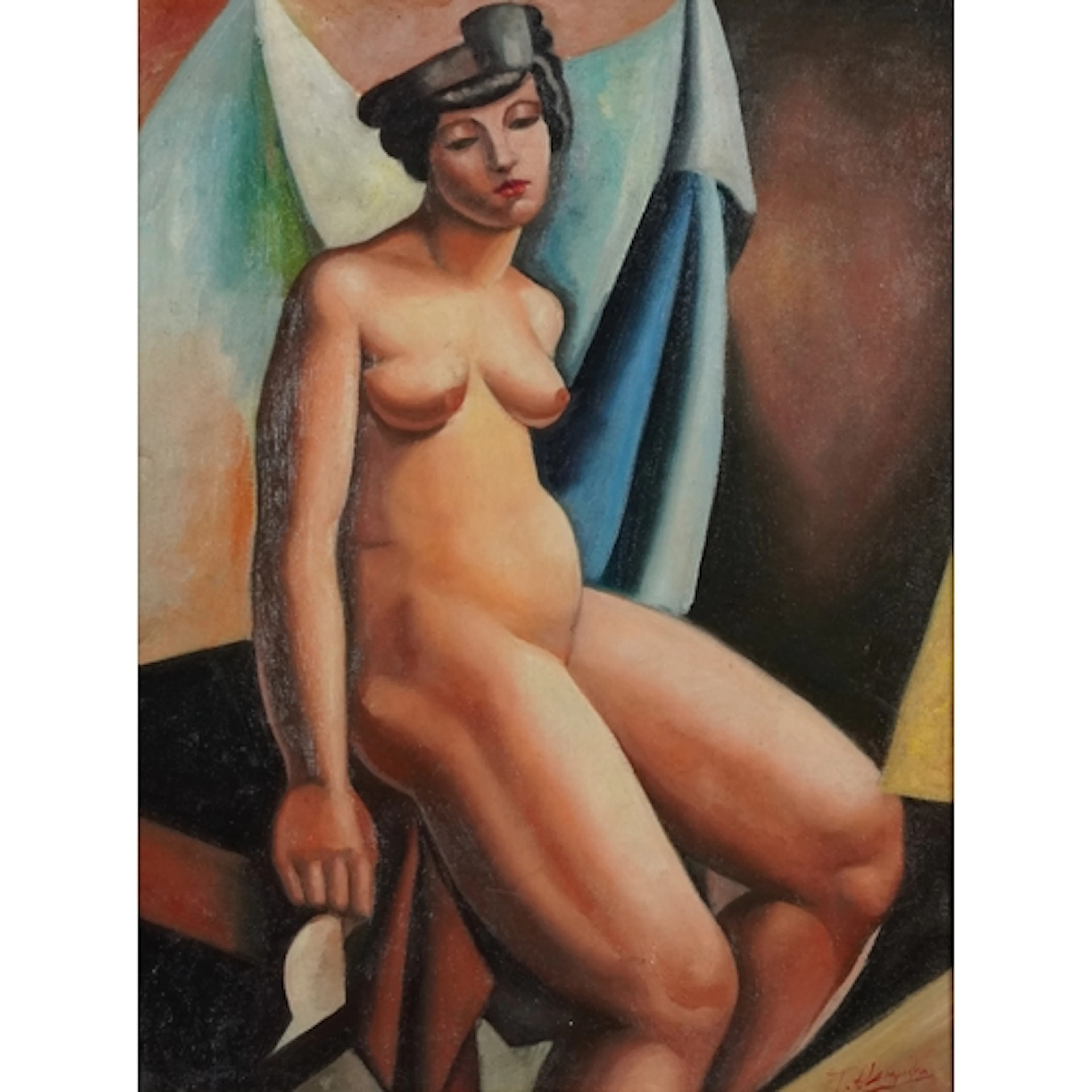 Manner of Tamara de Łempicka - Art Deco style seated nude fe...