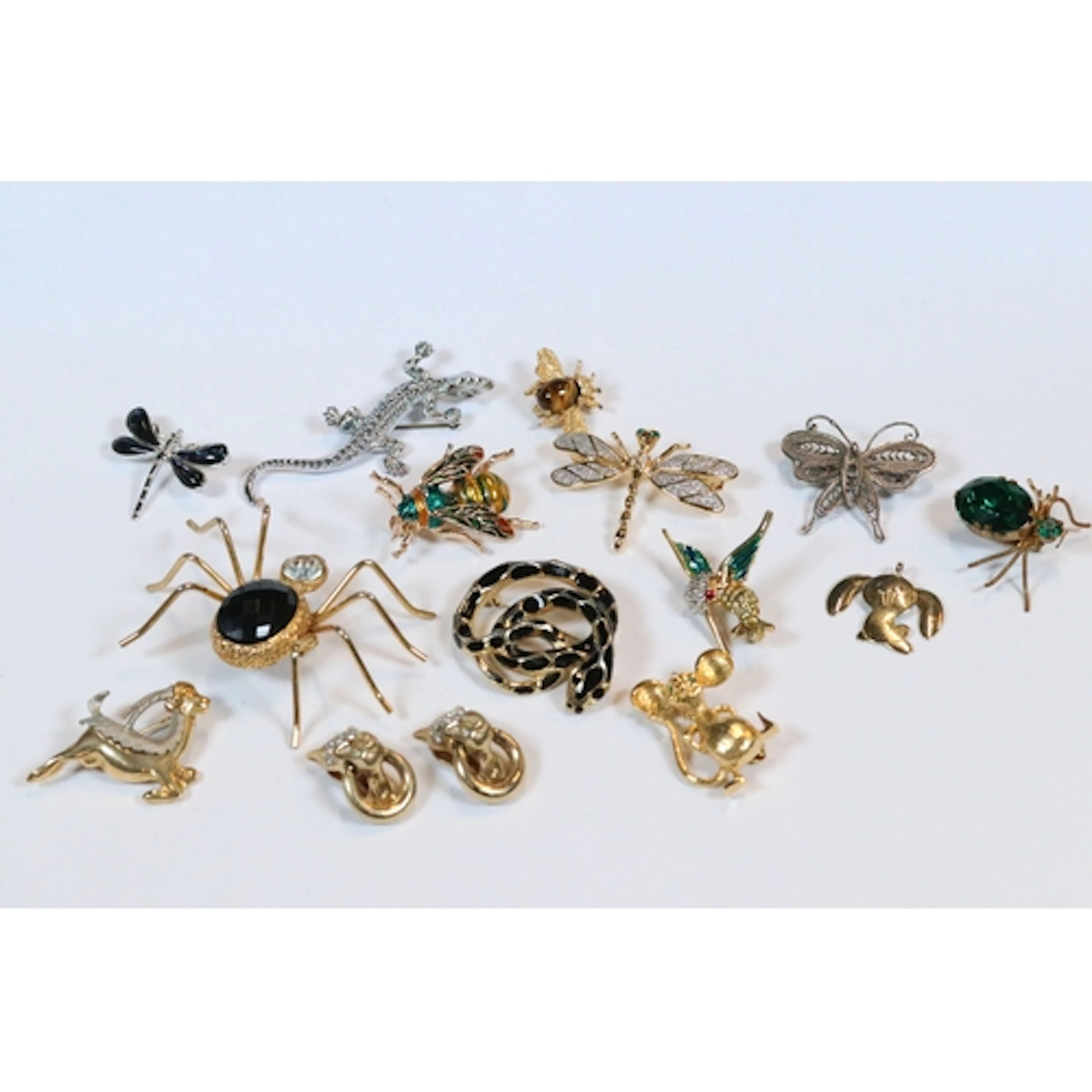 Selection of brooches in the form of insects, animals and bi...