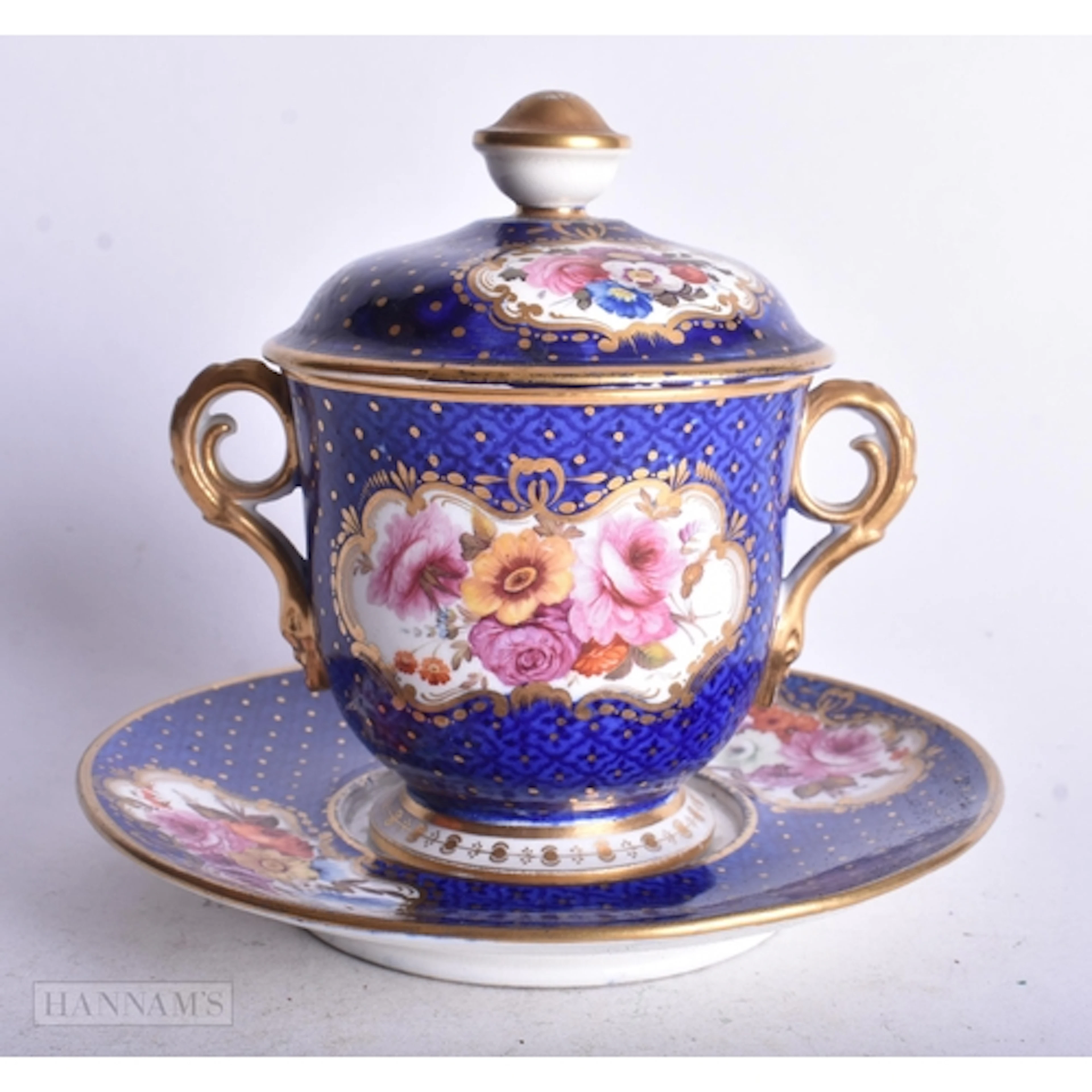 Coalport style chocolate cup, cover and saucer painted with ...