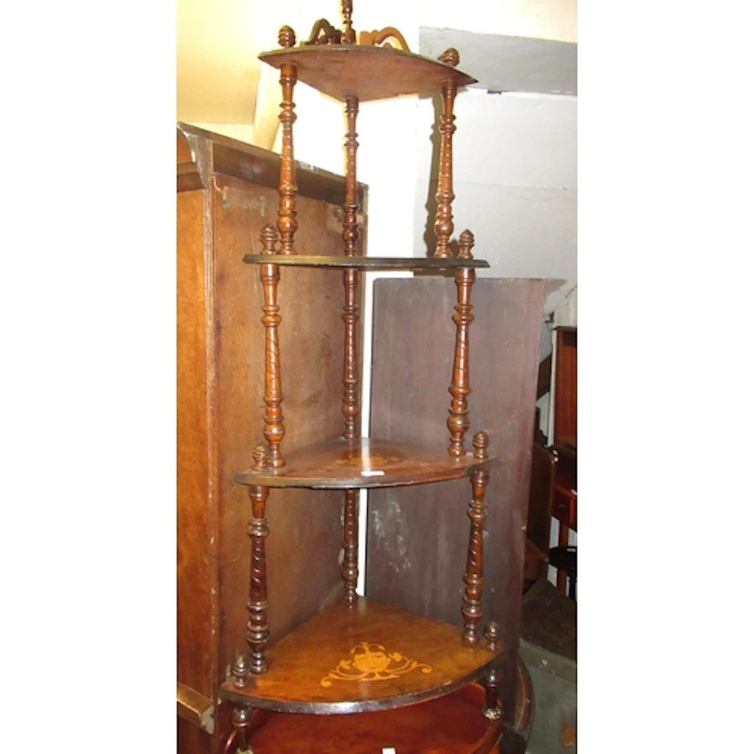 Victorian walnut marquetry inlaid four tier corner whatnot