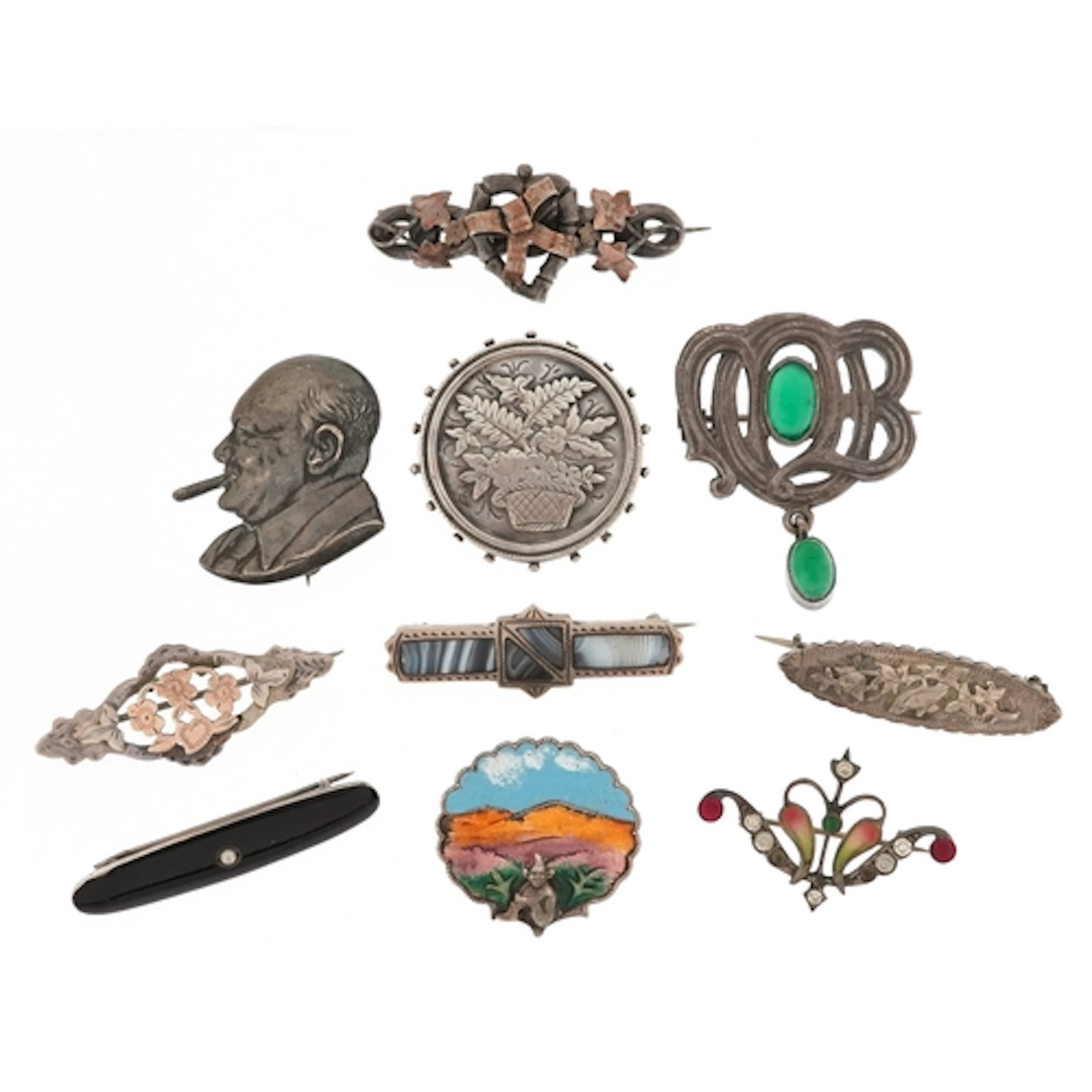 Antique and later silver brooches including a bust of Church...