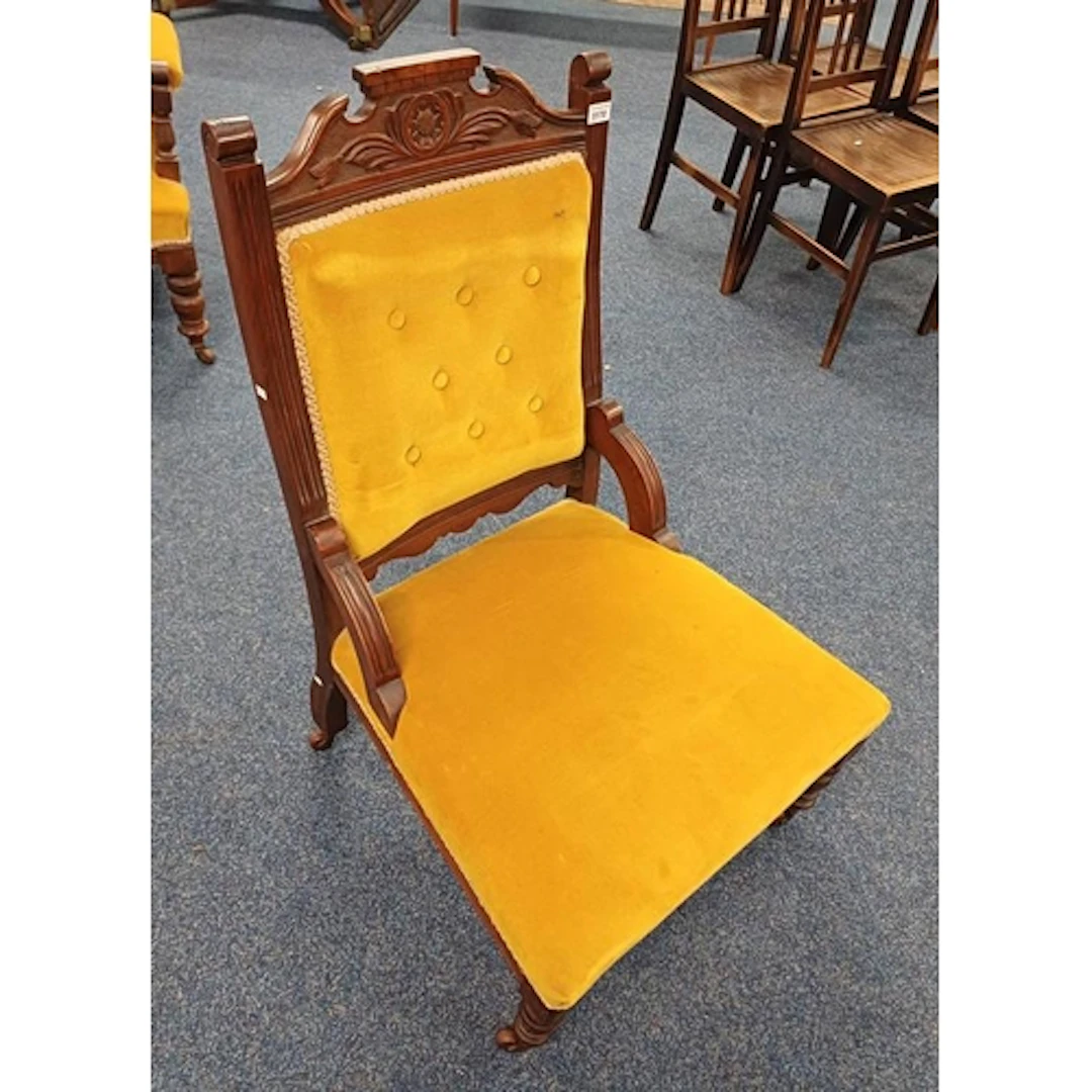 LATE 19TH CENTURY MAHOGANY FRAMED BUTTONED BACK LADIES CHAIR...
