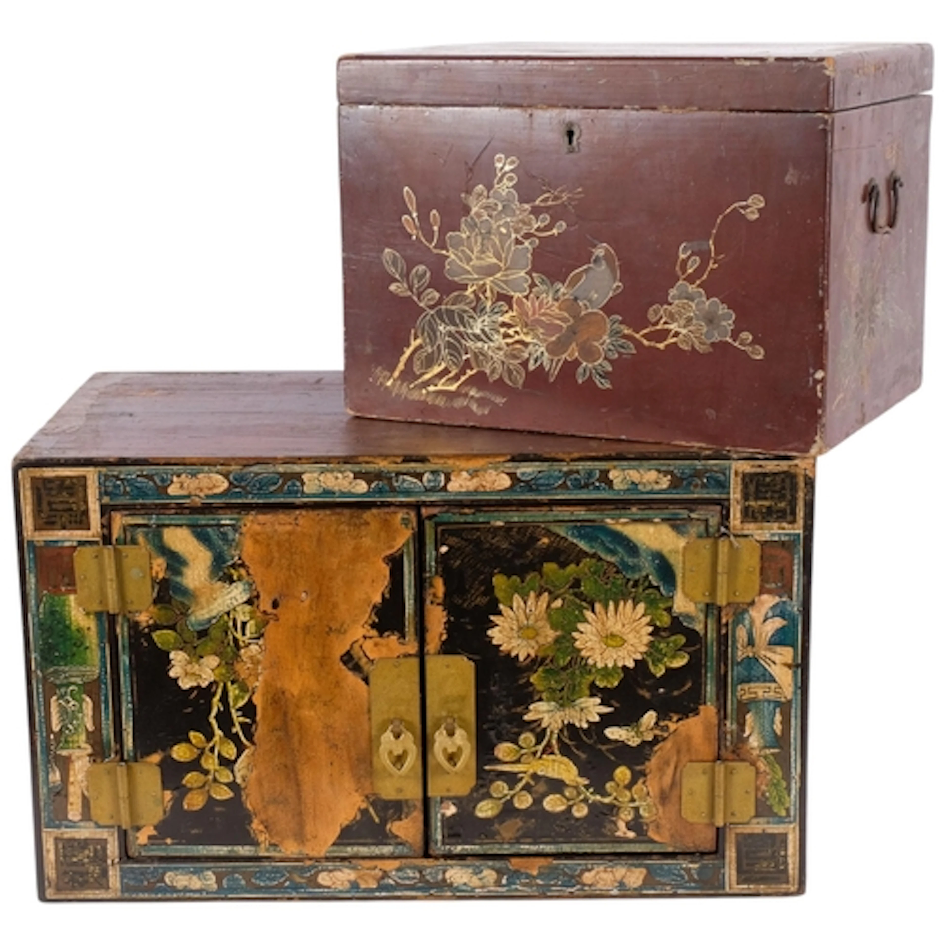 An Antique Japanese table-top 2-door cabinet, hand painted d...