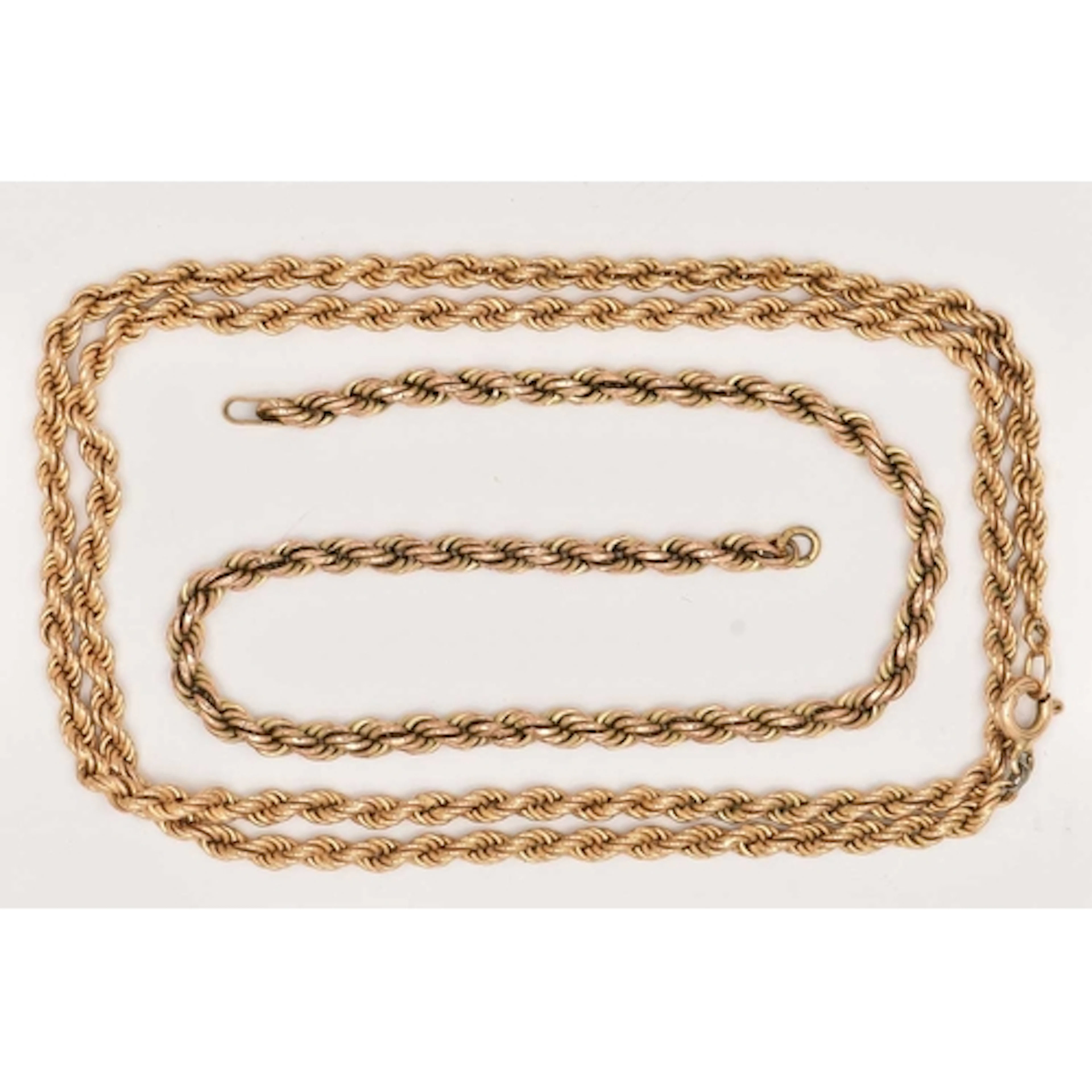 A YELLOW METAL ROPE TWIST CHAIN NECKLACE AND PART CHAIN, the...