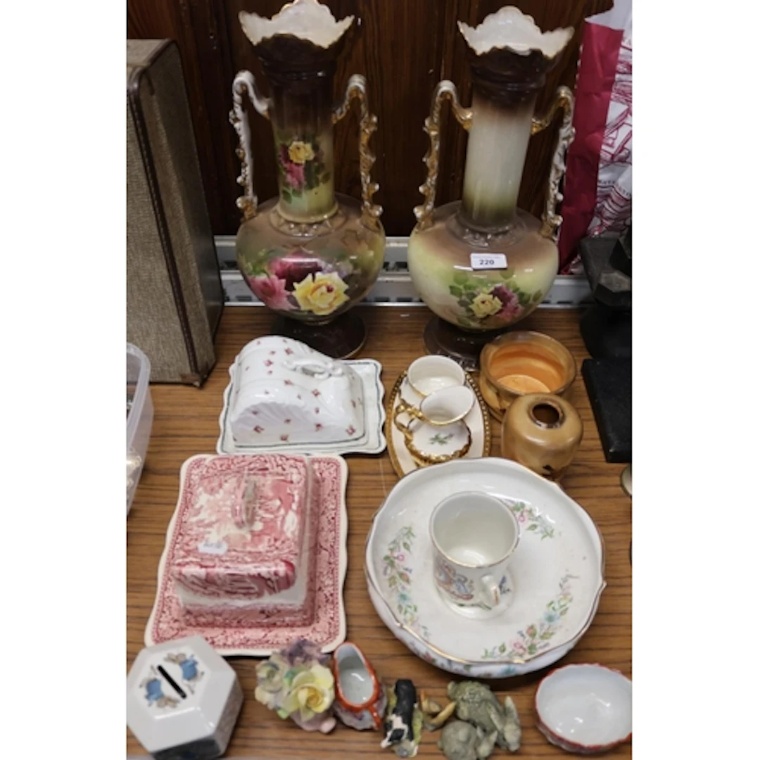 Ceramics to include a pair of floral decorate twin-handled v...