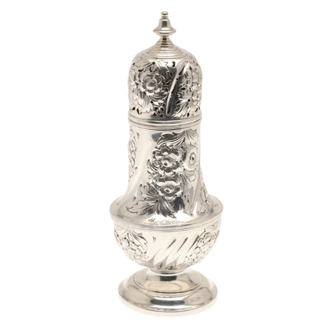 A LARGE VICTORIAN SILVER SUGAR CASTER. Of baluster form with...