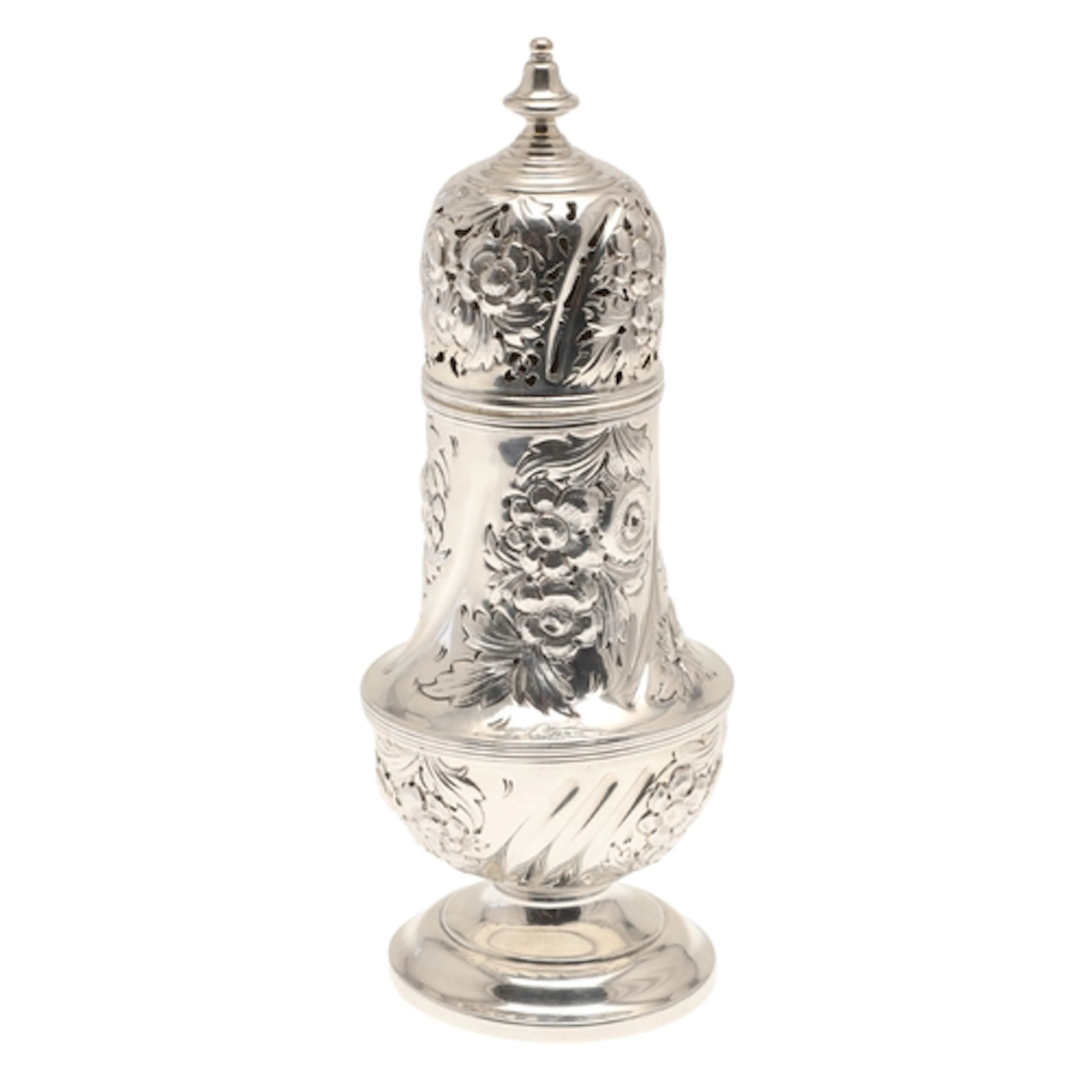 A LARGE VICTORIAN SILVER SUGAR CASTER. Of baluster form with...