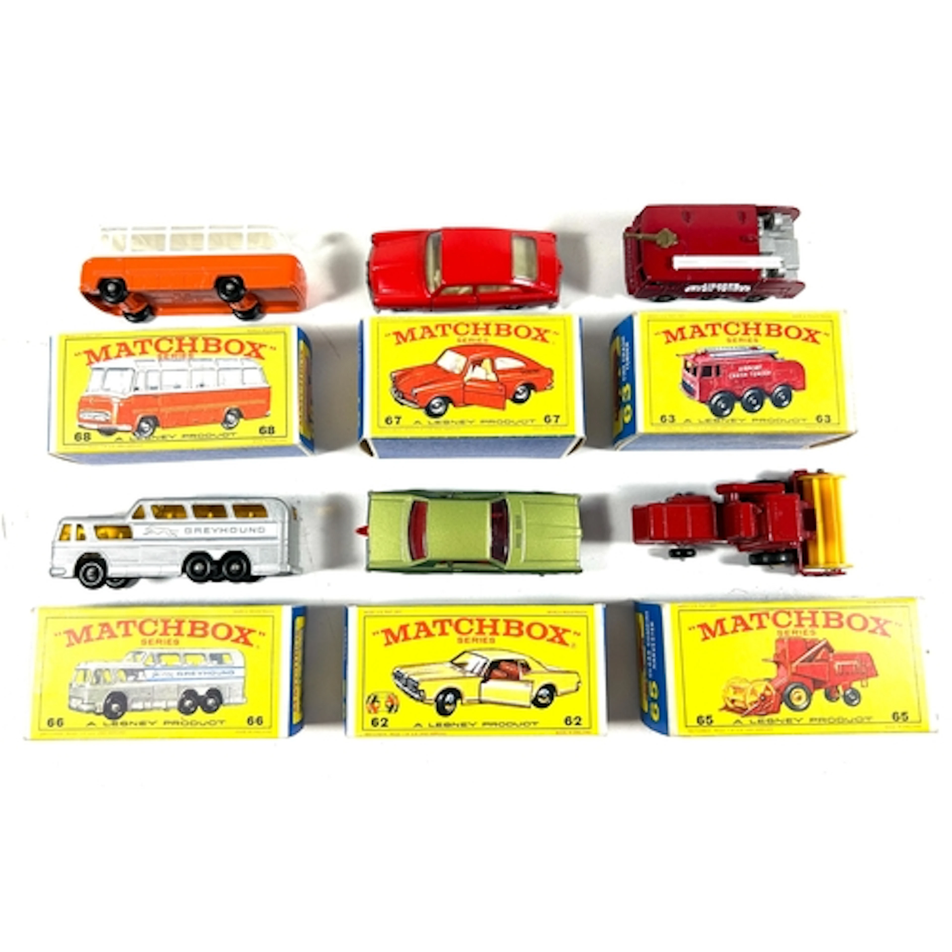 6 Matchbox Series. No.62 Mercury Cougar, No.63 Fire Crash Te...