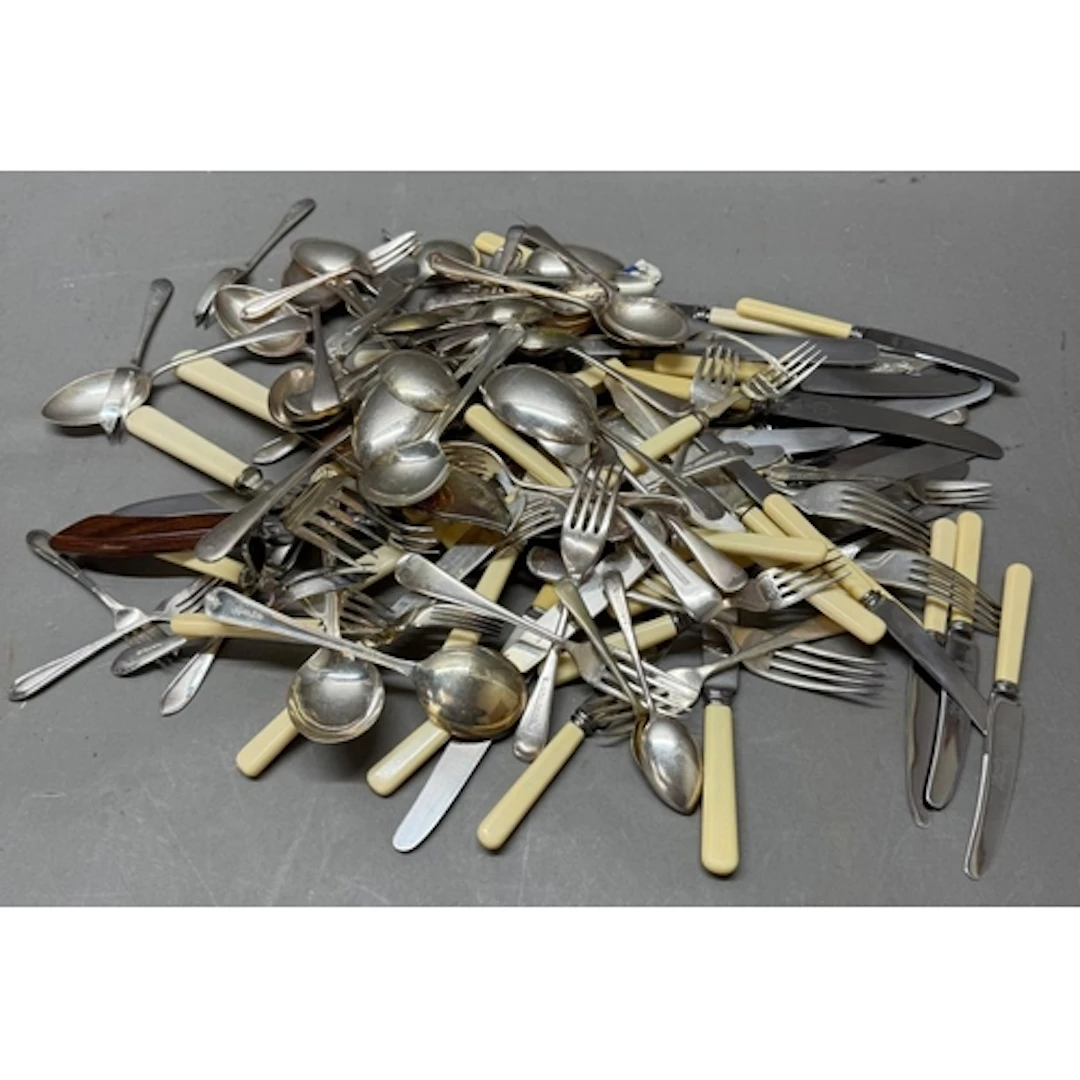 A selection of silver plate flatware various styles.