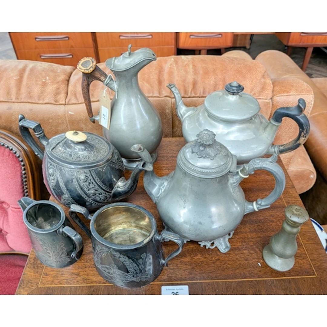 Silver plated three piece tea set, pewter teapots, water jug...