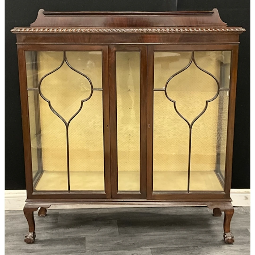 A late Victorian flame mahogany display cabinet, rope twist ...
