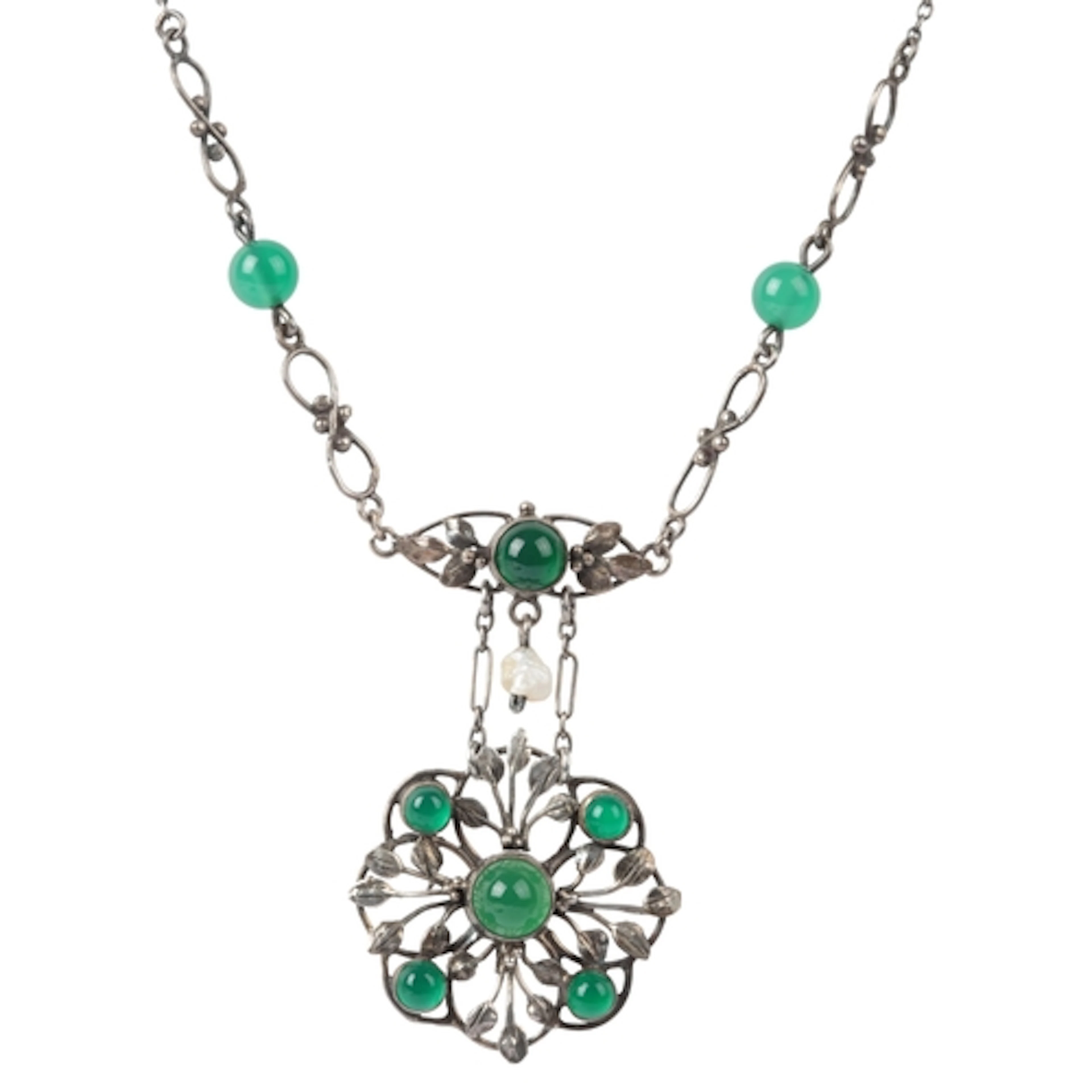 An Arts & Crafts green chalcedony, silver and pearl necklace...