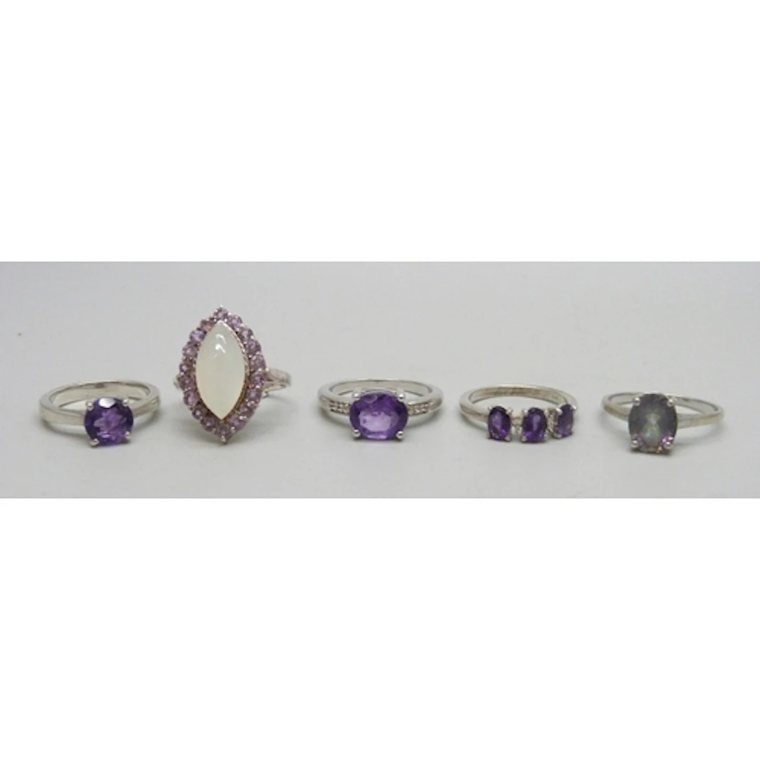 Five silver and gemstone rings including TGGC and Gemporia, ...