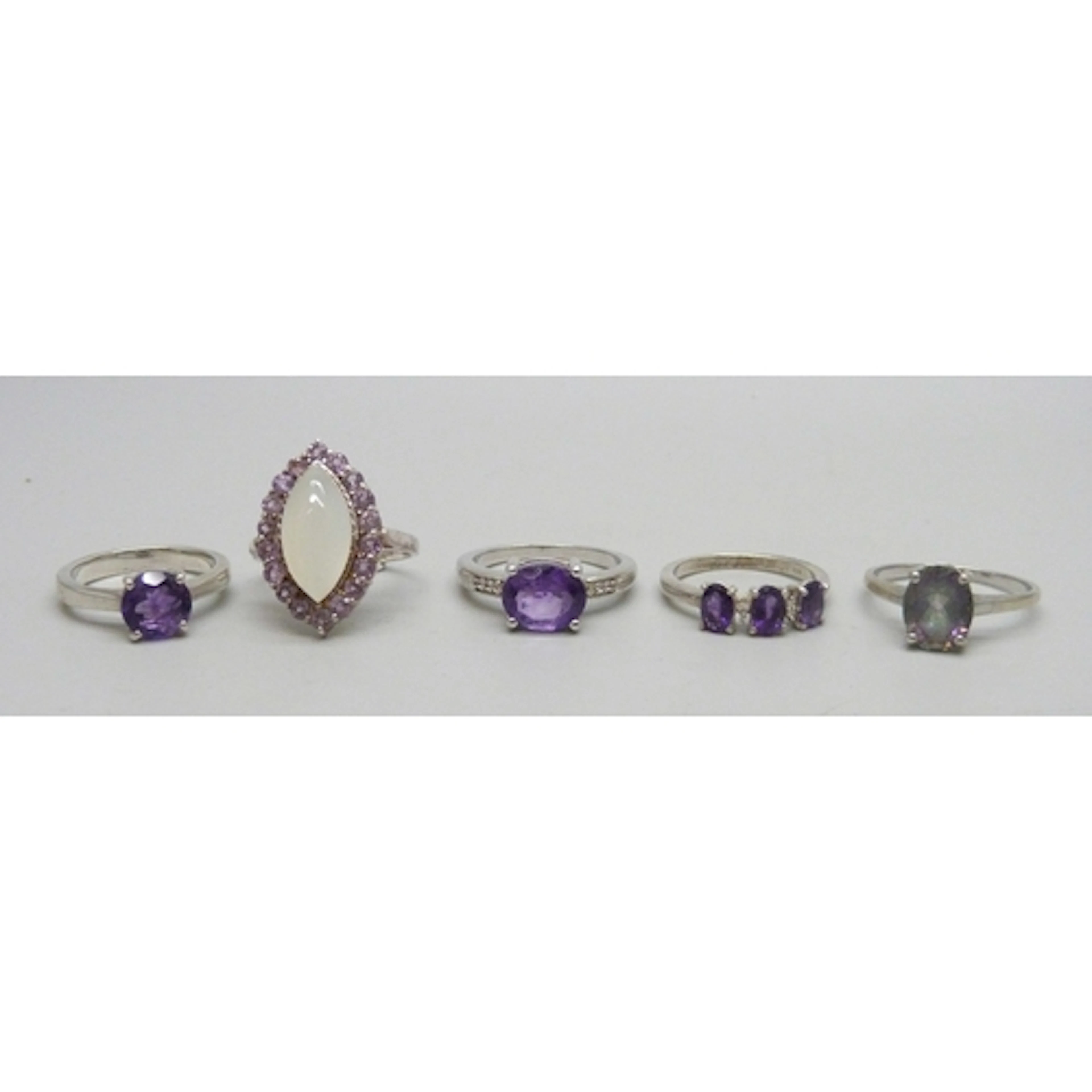 Five silver and gemstone rings including TGGC and Gemporia, ...