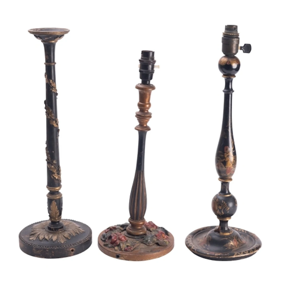 Three painted and lacquered wood table lamps, early 20th cen...