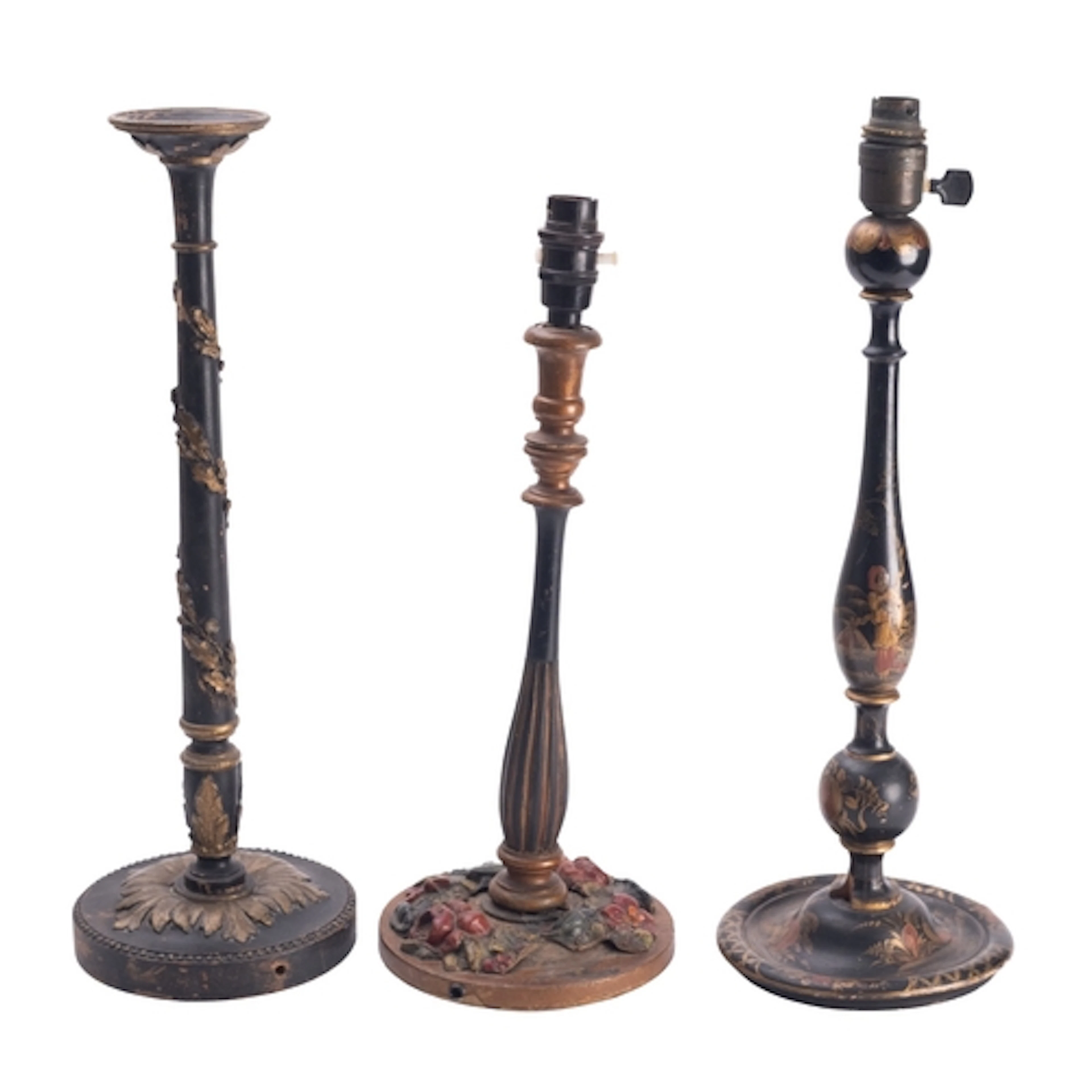 Three painted and lacquered wood table lamps, early 20th cen...
