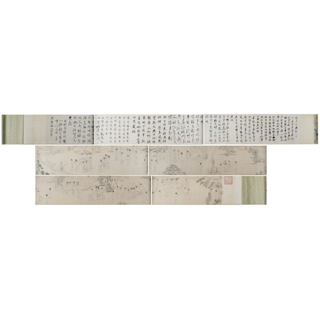 Very long Chinese scroll with script and females in courtyar...