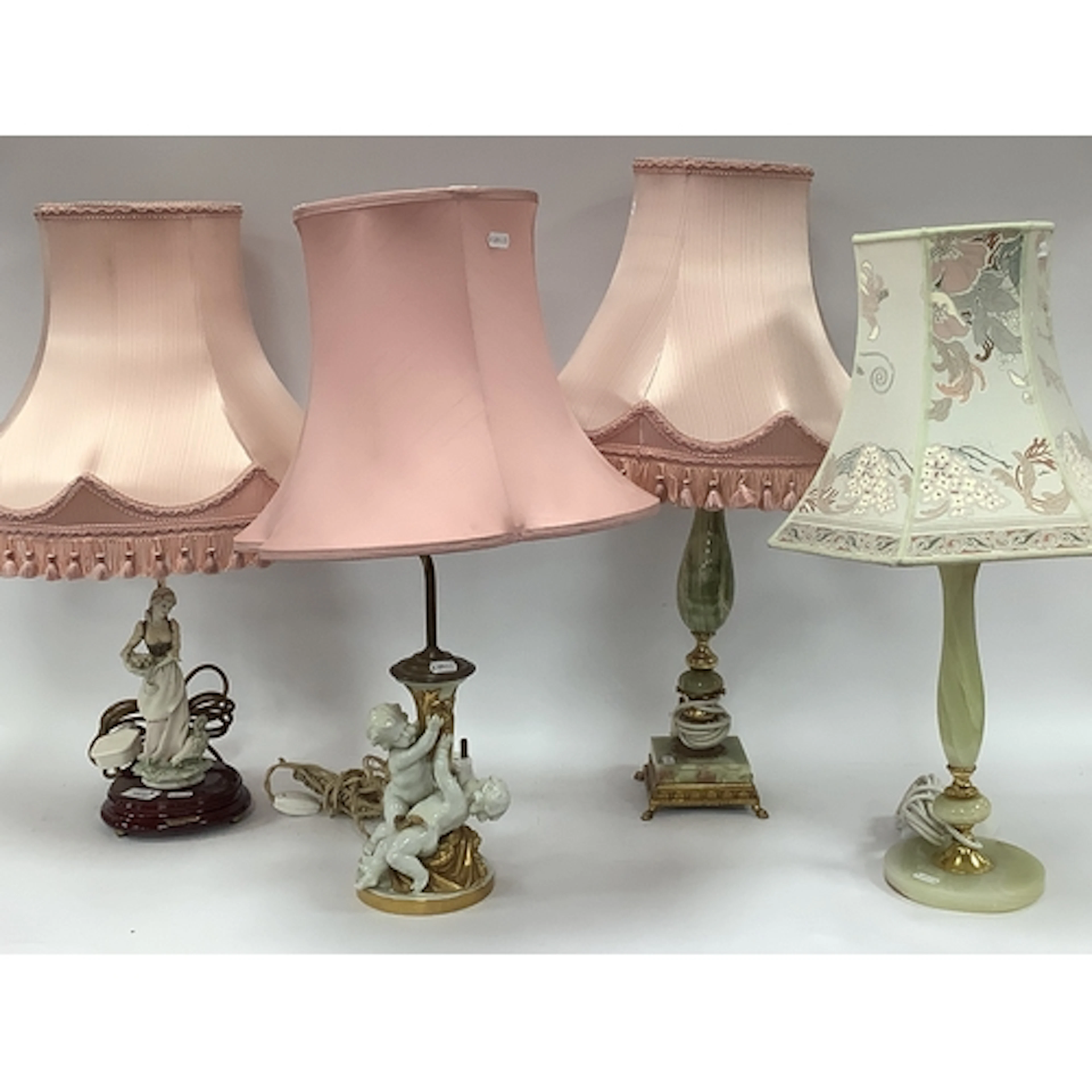 Four Table Lamps with Fabric Shades, comprising two green on...