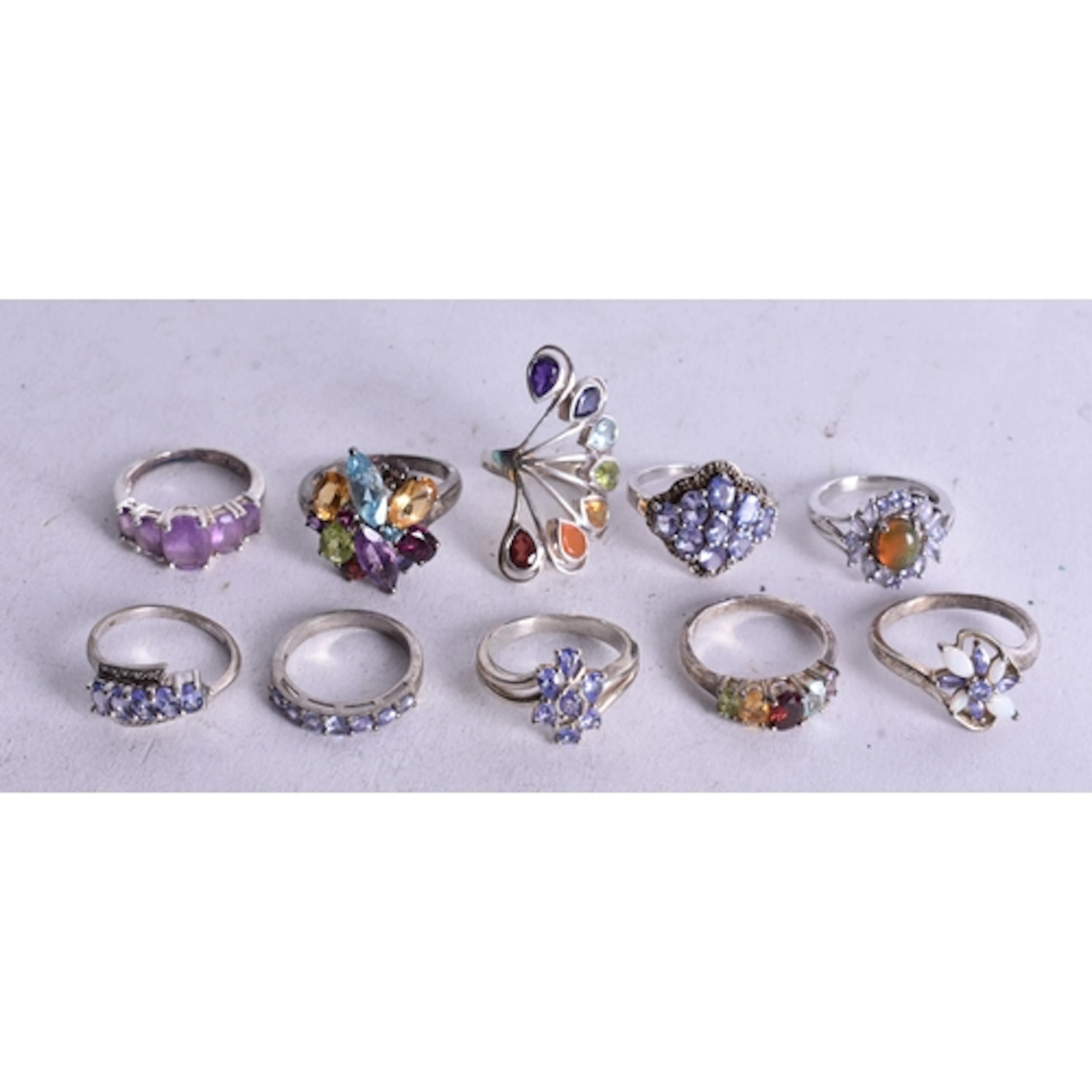 Ten Sterling Silver Gemstone Rings inc. Tanzanite, Peridot v...