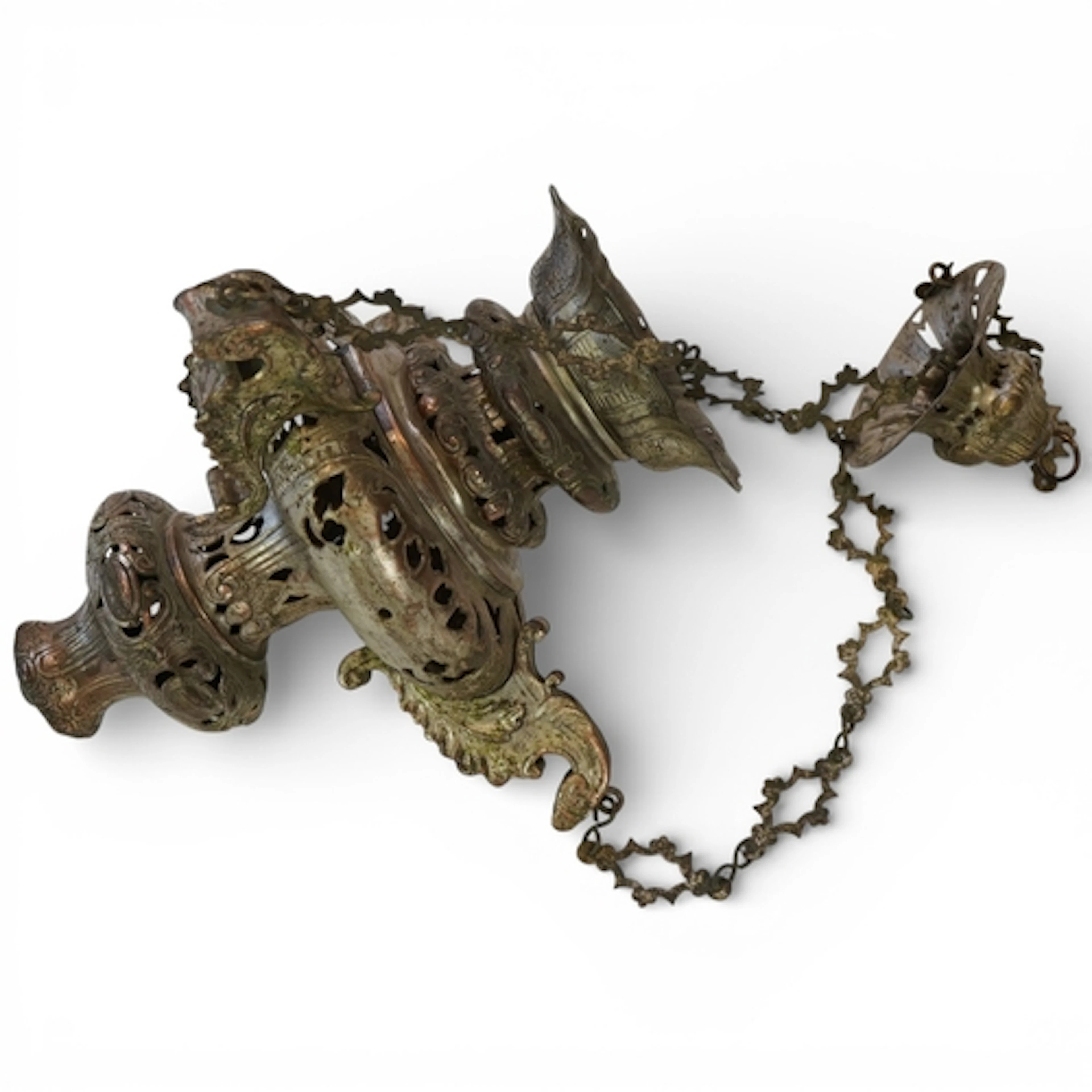 A plated hanging sanctuary lamp, possibly French, 62cm high...