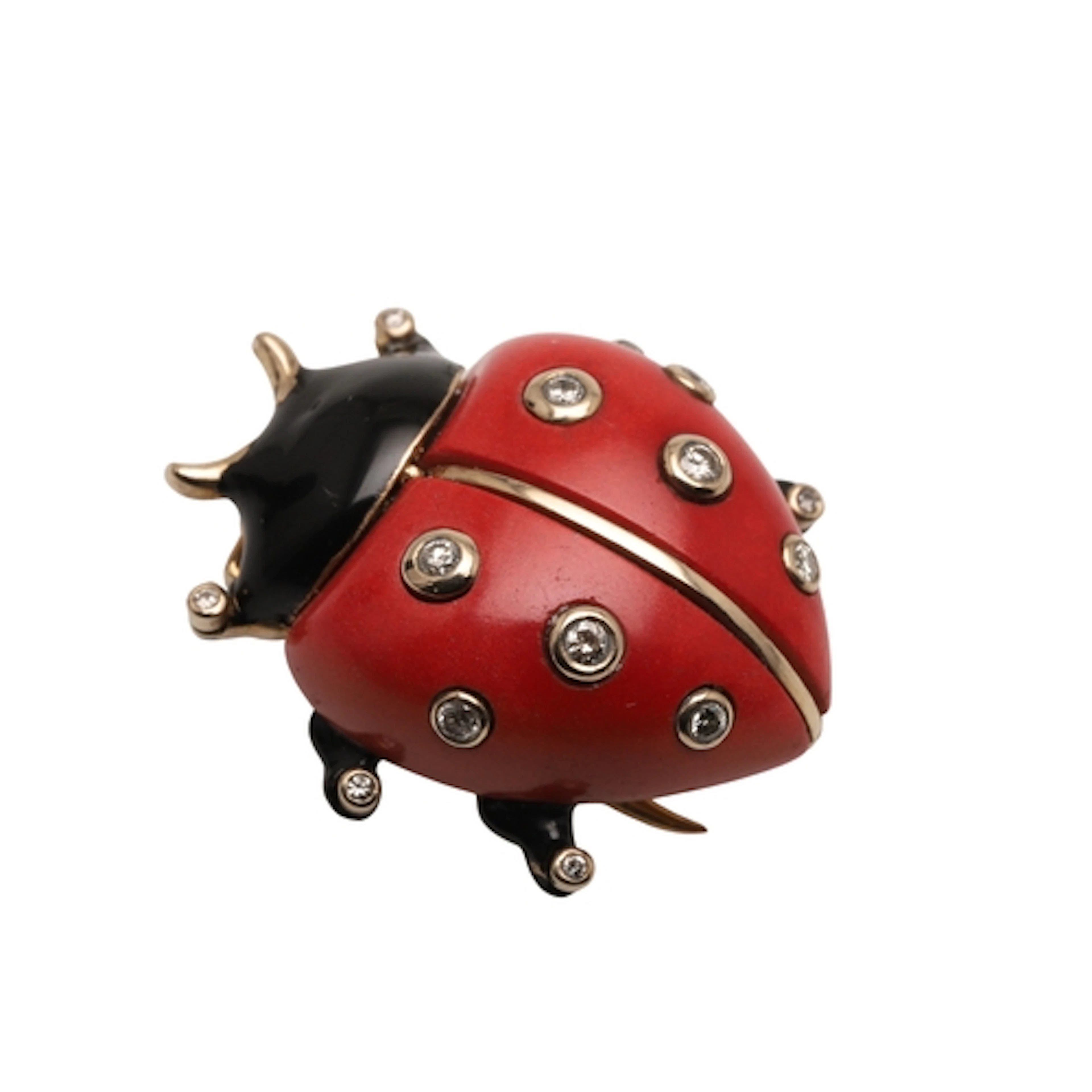 A CORAL, DIAMOND AND BLACK ENAMEL LADYBIRD BROOCH BY CARTIER...