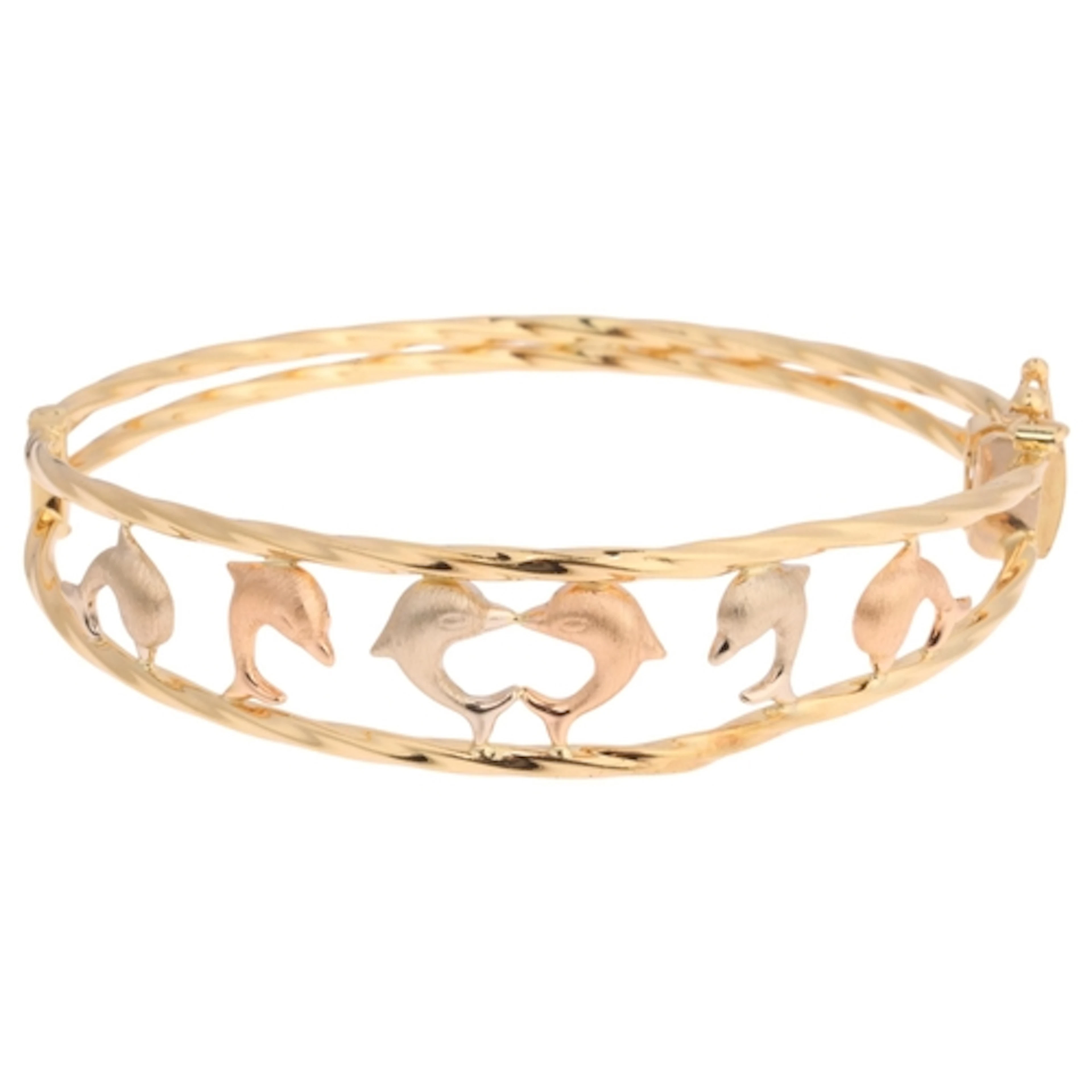 A Vintage 18ct three-colour gold dolphin hinged bangle, sett...