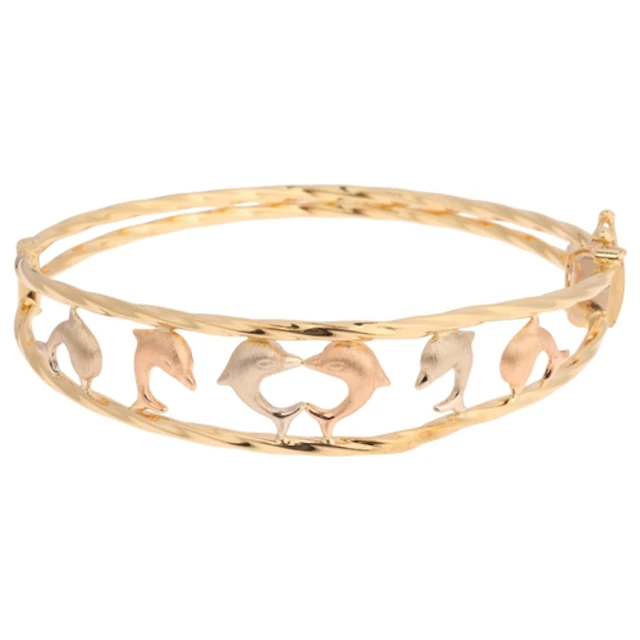 A Vintage 18ct three-colour gold dolphin hinged bangle, sett...