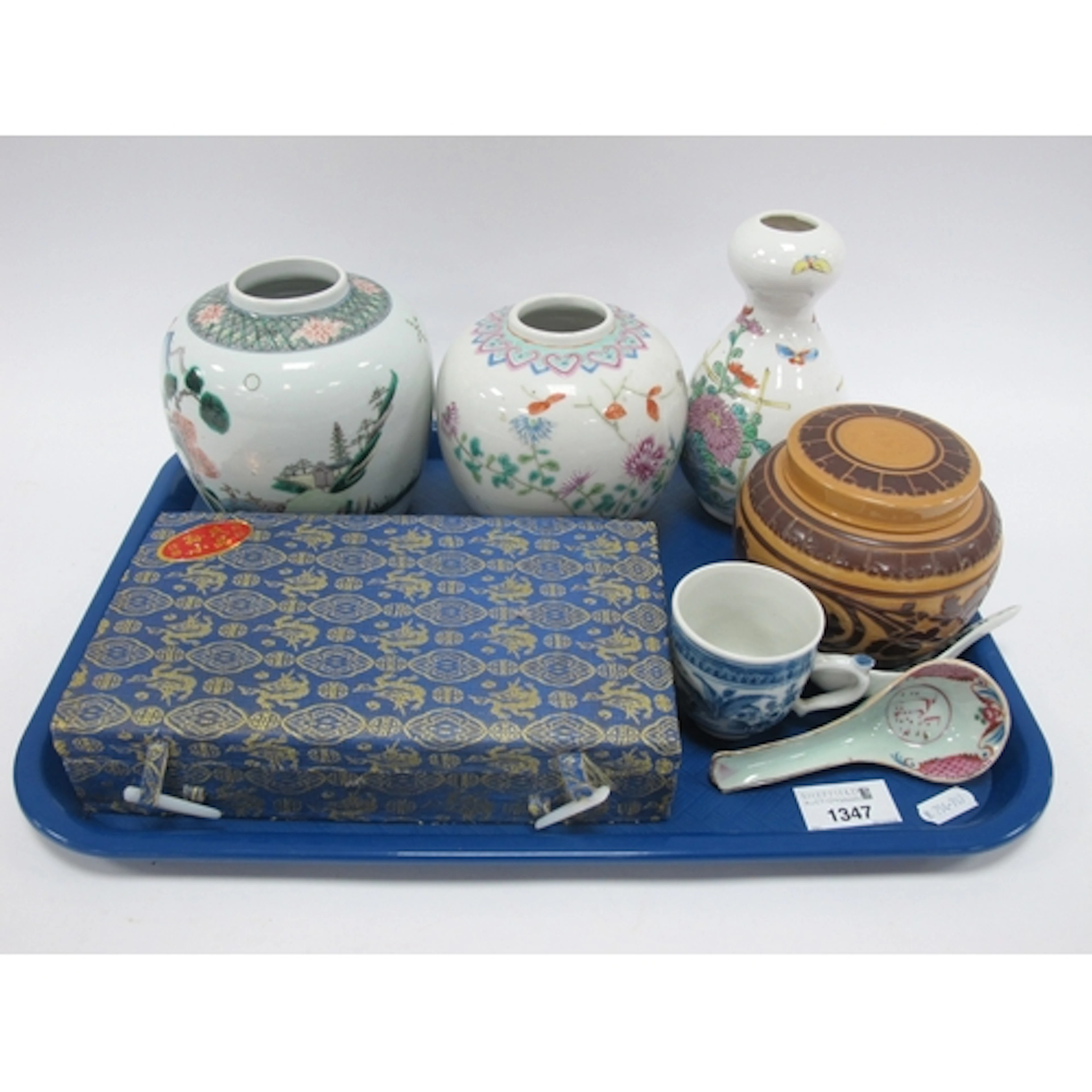 Oriental - Three ceramic ginger jars, including beige and br...