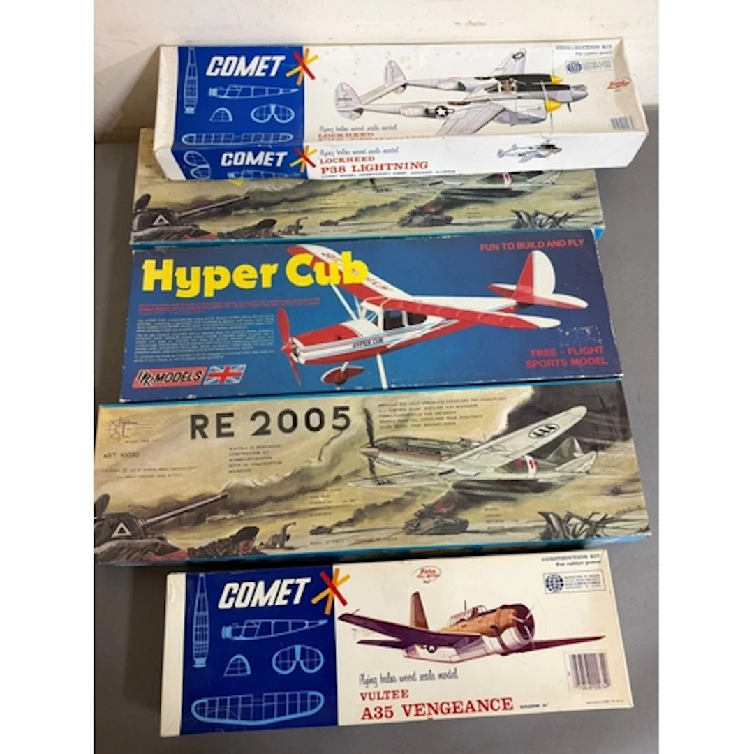 Five boxed model planes by Comet, Hyper cub and RE 2005 Par...