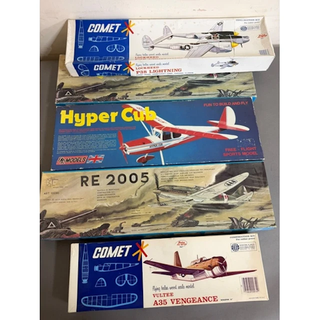 Five boxed model planes by Comet, Hyper cub and RE 2005 Par...