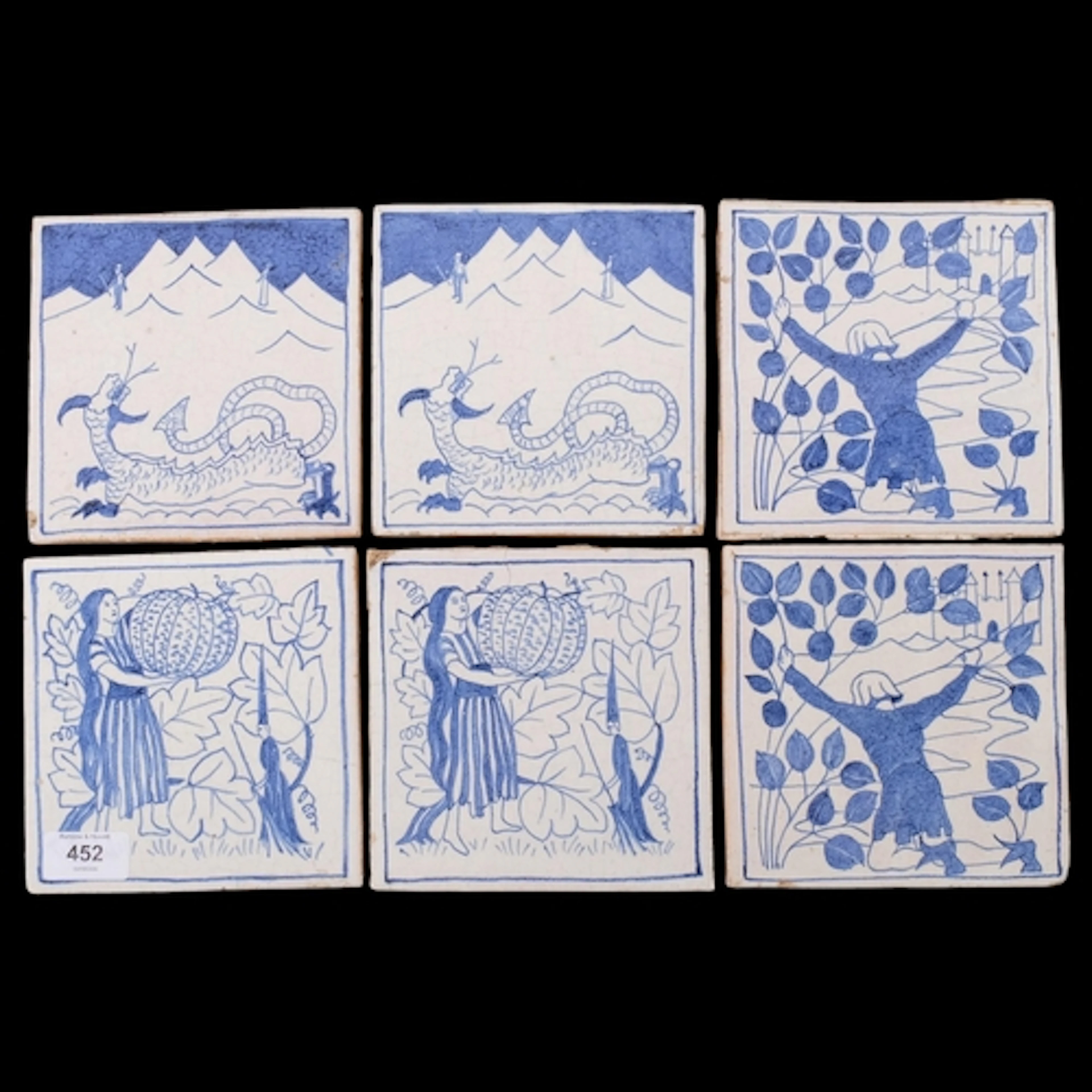 A set of 6 Arts and Crafts hand painted and handmade blue an...