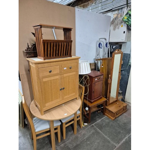 A mixed lot to include a tile topped cupboard, modern circul...