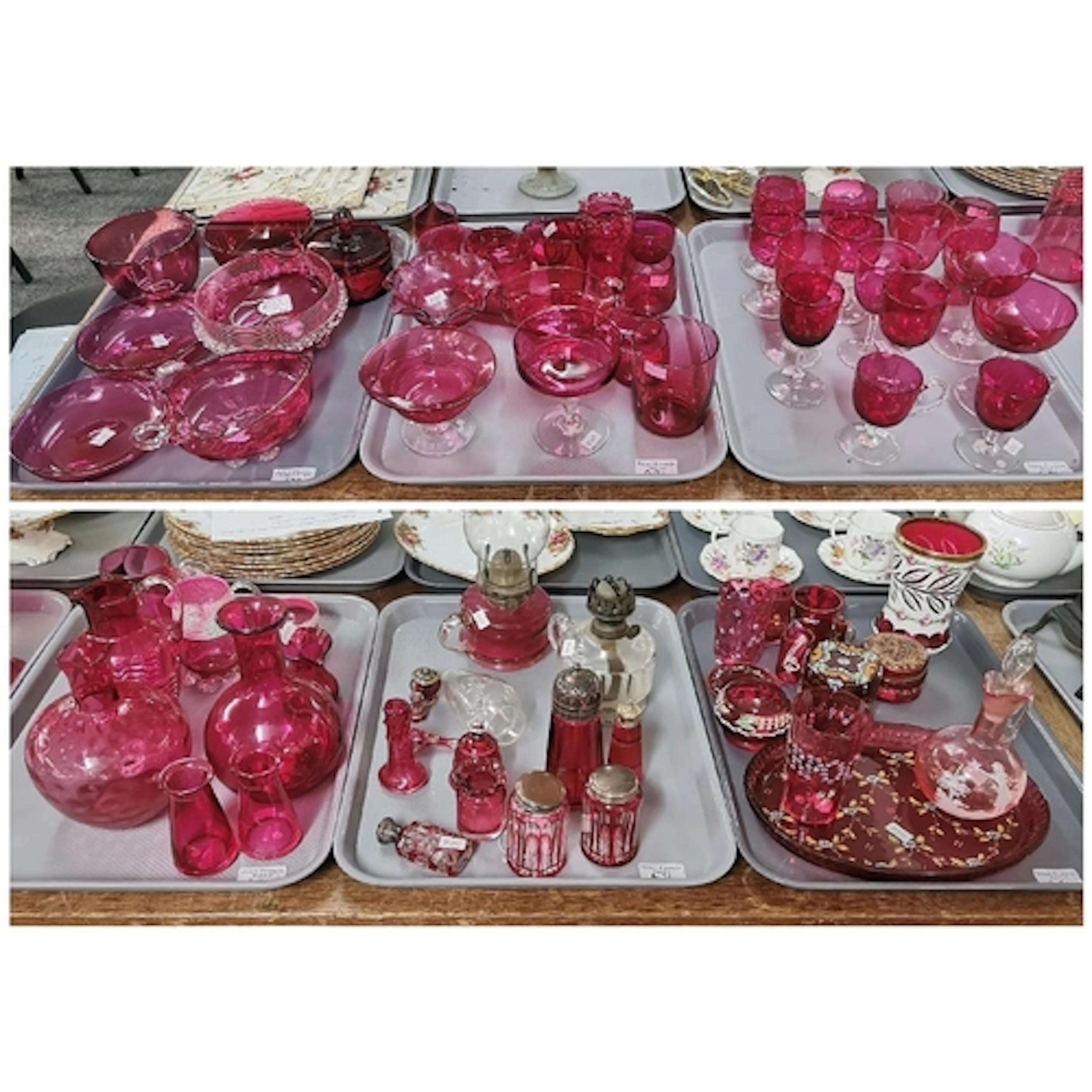 Six trays of assorted mainly Victorian cranberry glass items...