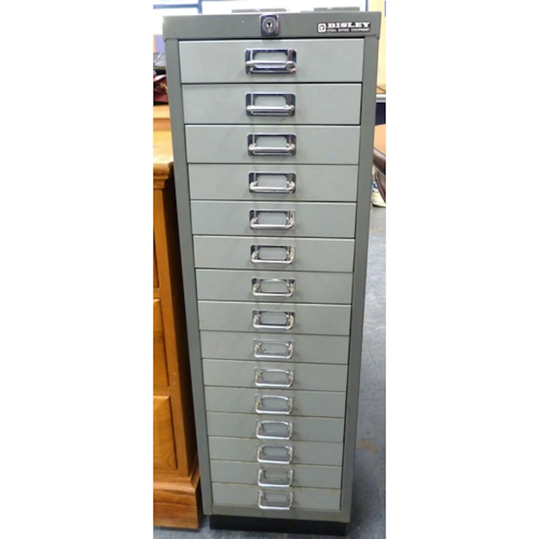 Bisley metal set of twelve filing drawers.
