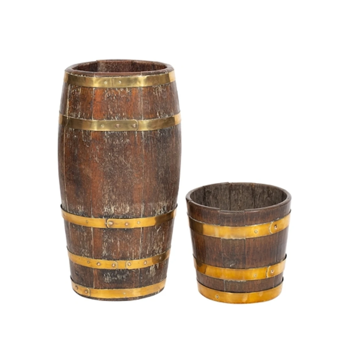 A brass banded oak barrel, utilised as a stick stand, 19th c...