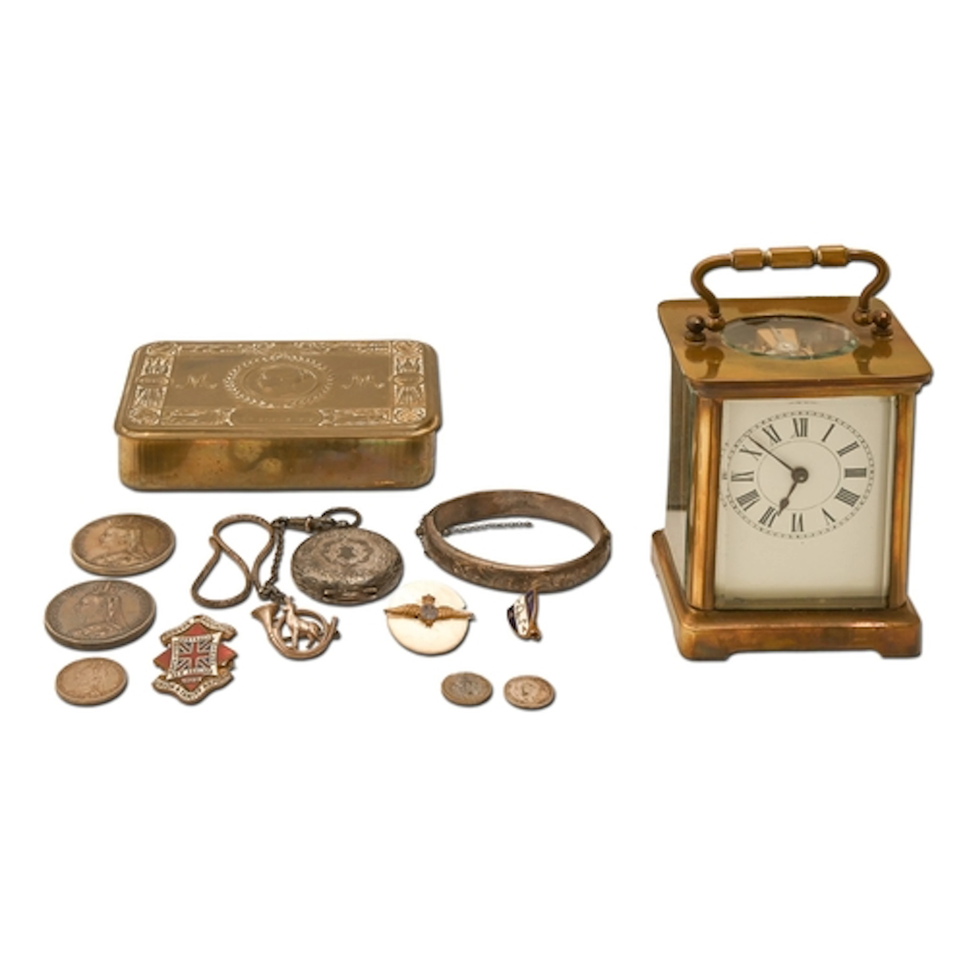 A WWI 1914 Christmas tin, French brass carriage timepiece, w...