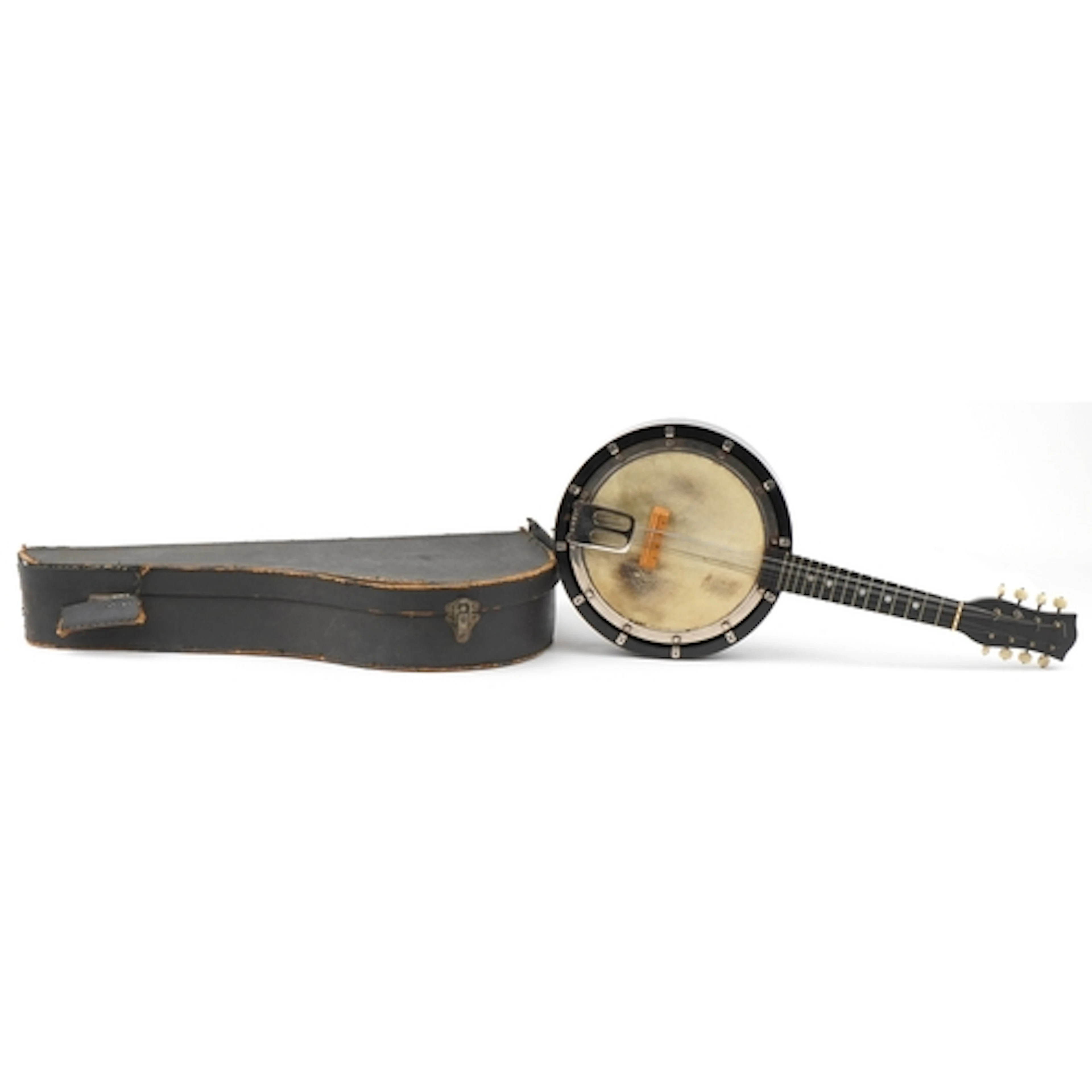 A vintage eight string junior banjo mandolin with protective...