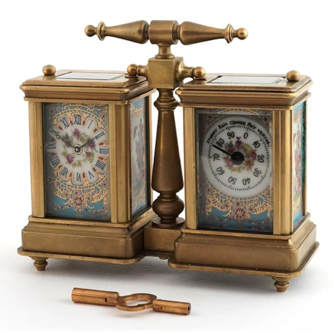 Miniature brass cased double carriage clock and barometer ha...