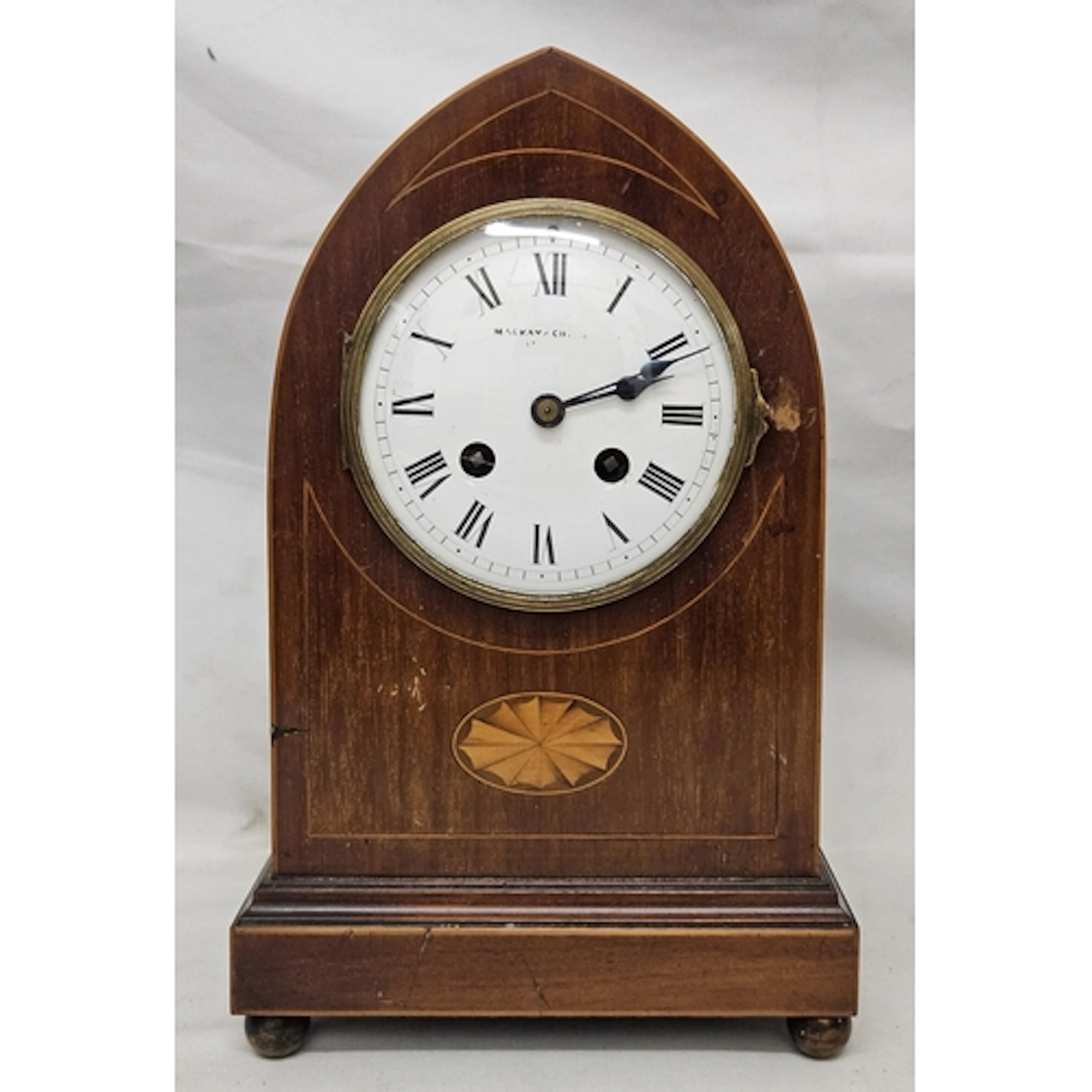 Edwardian Mahogany Lancet Clock inlaid fan inlay, white enam...