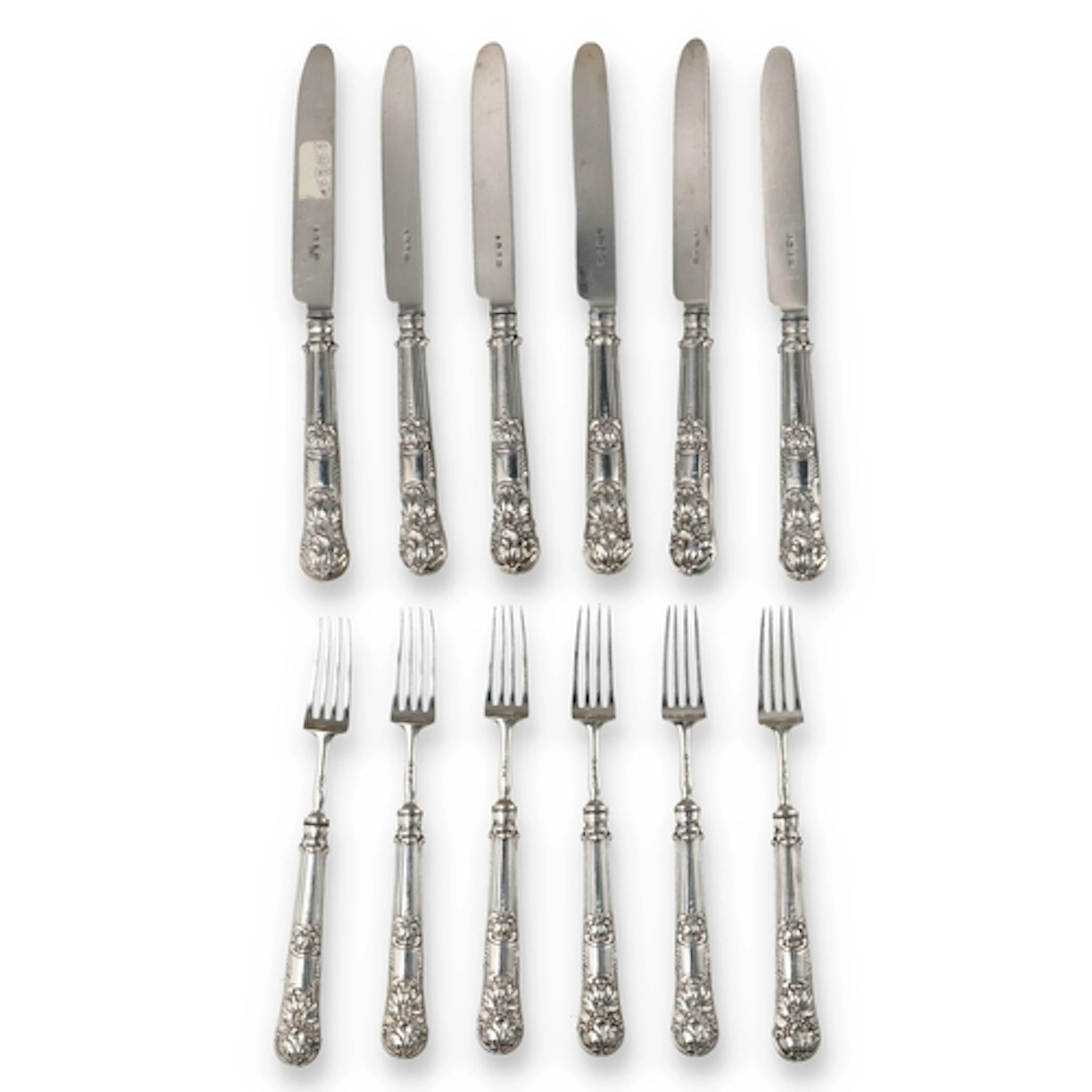 A SET OF SIX PAIRS OF GEORGE IV SILVER DESSERT KNIVES AND FO...
