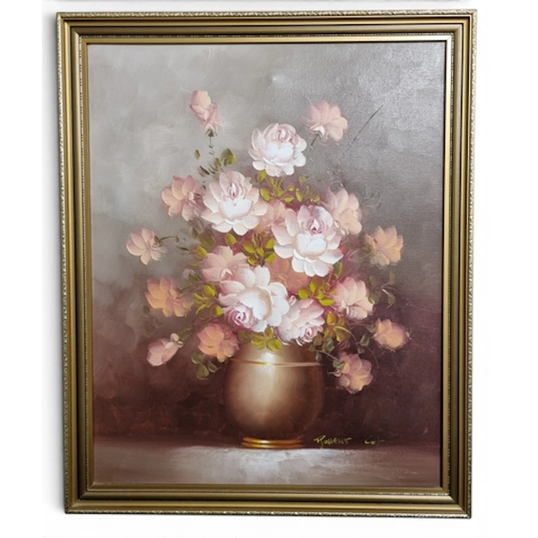 An Oil on Canvas of Roses in a Vase on a table setting, sign...
