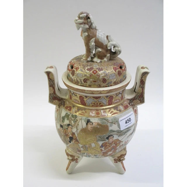Japanese Satsuma two handled vase and cover, the cover mount...