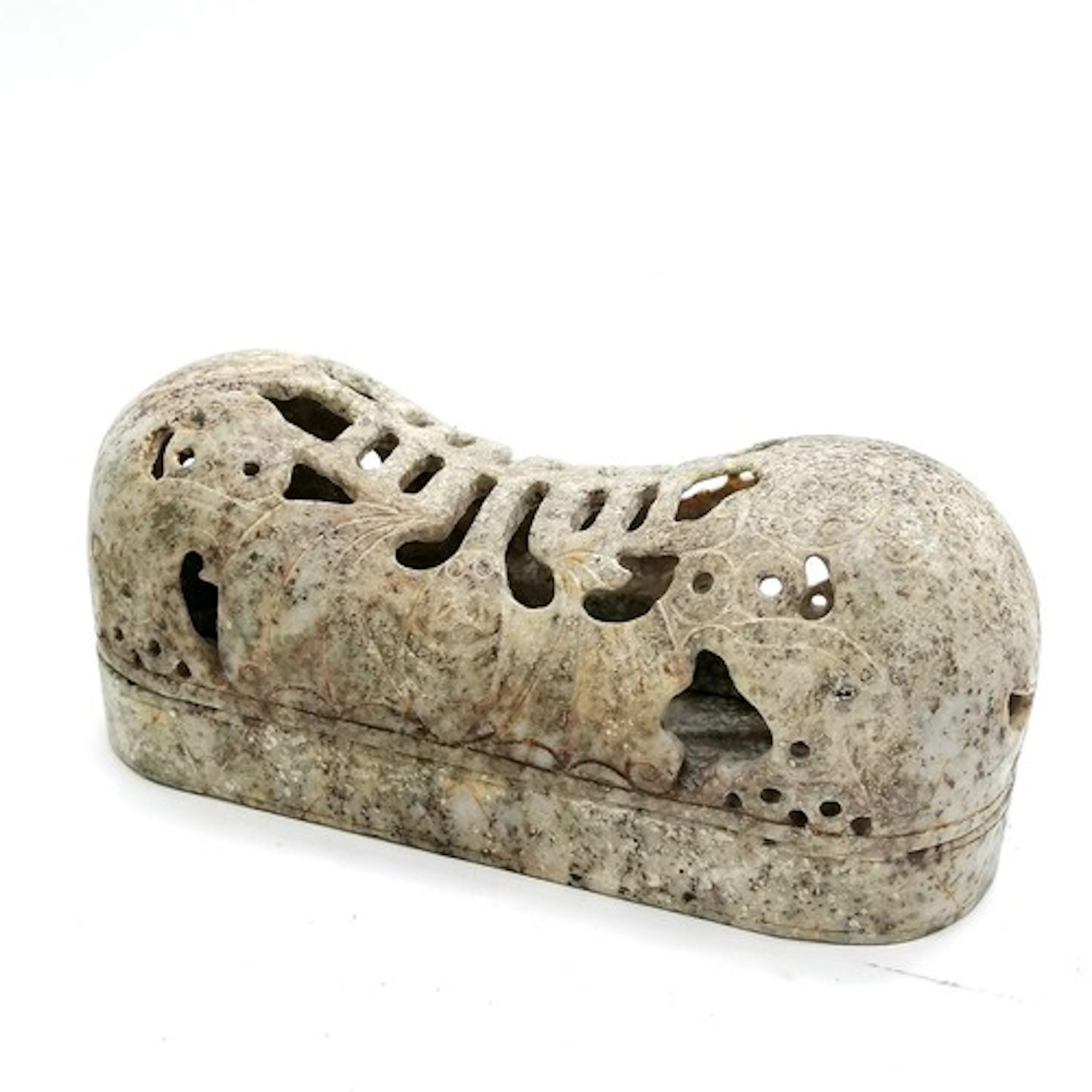 Archaic style Oriental hand carved pillow / box with bat det...
